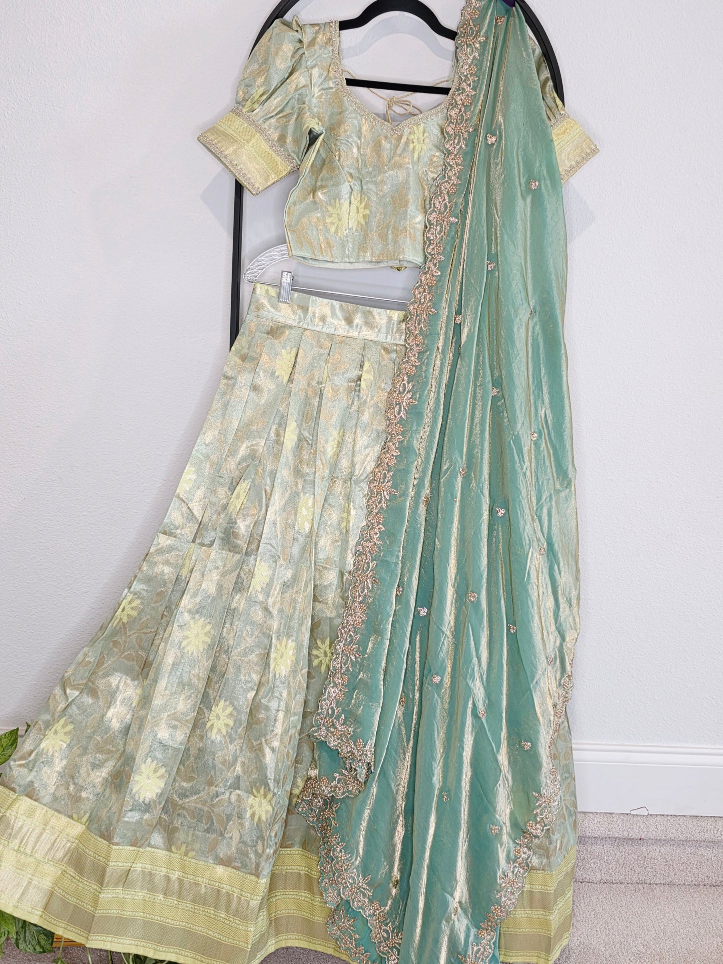 Pastel Mint Aqua Tissue Organza Lehenga Set with Space Silk Dupatta
