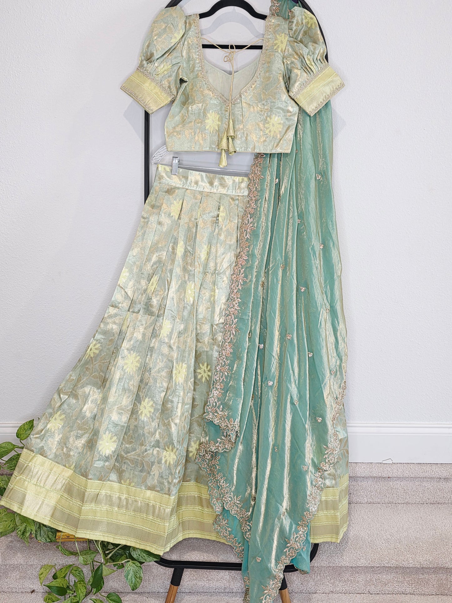 Pastel Mint Aqua Tissue Organza Lehenga Set with Space Silk Dupatta
