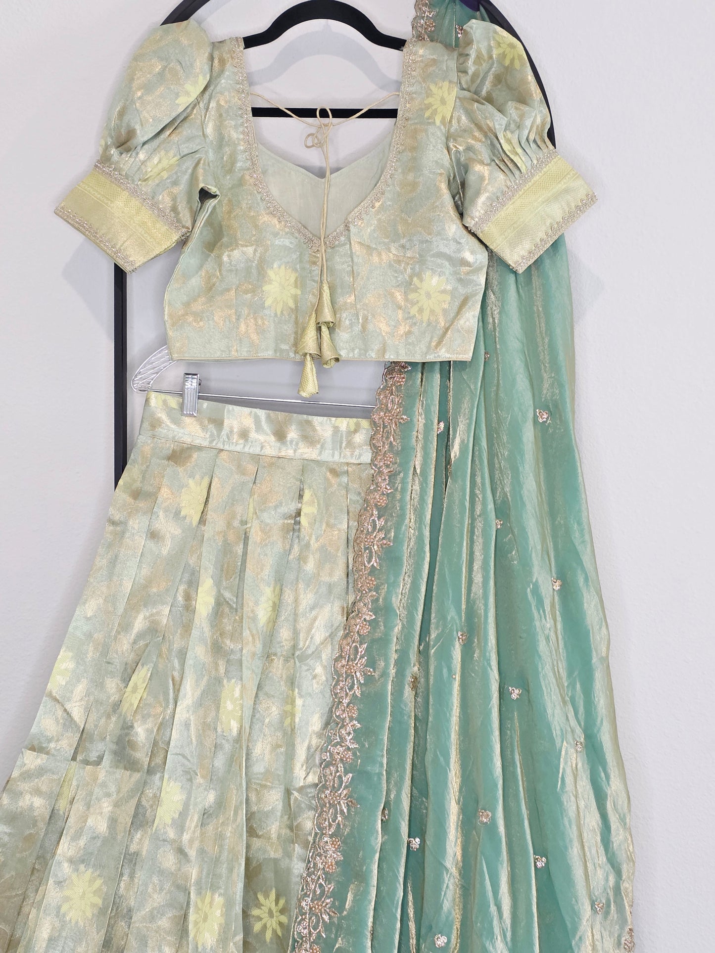 Pastel Mint Aqua Tissue Organza Lehenga Set with Space Silk Dupatta