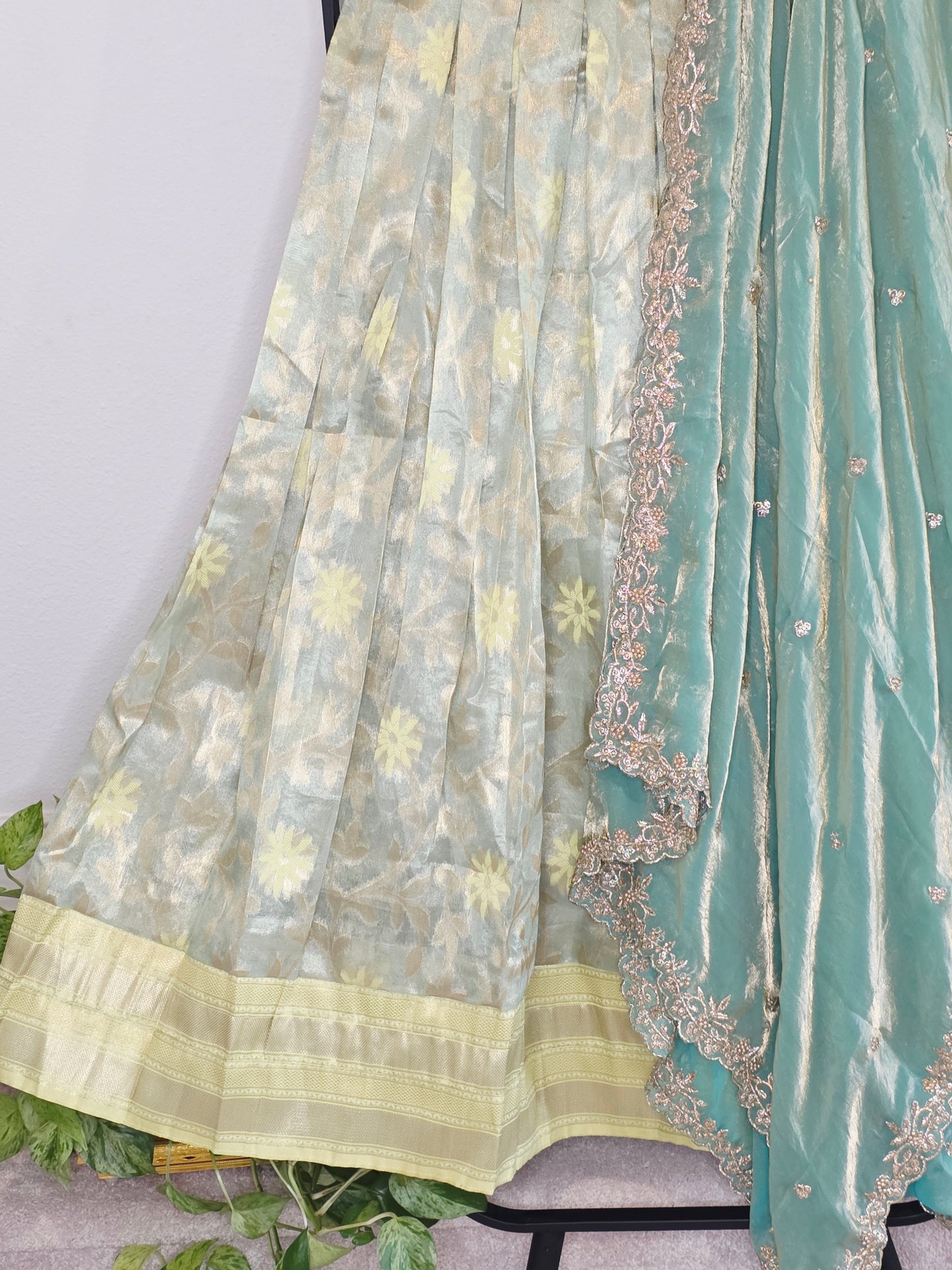 Pastel Mint Aqua Tissue Organza Lehenga Set with Space Silk Dupatta