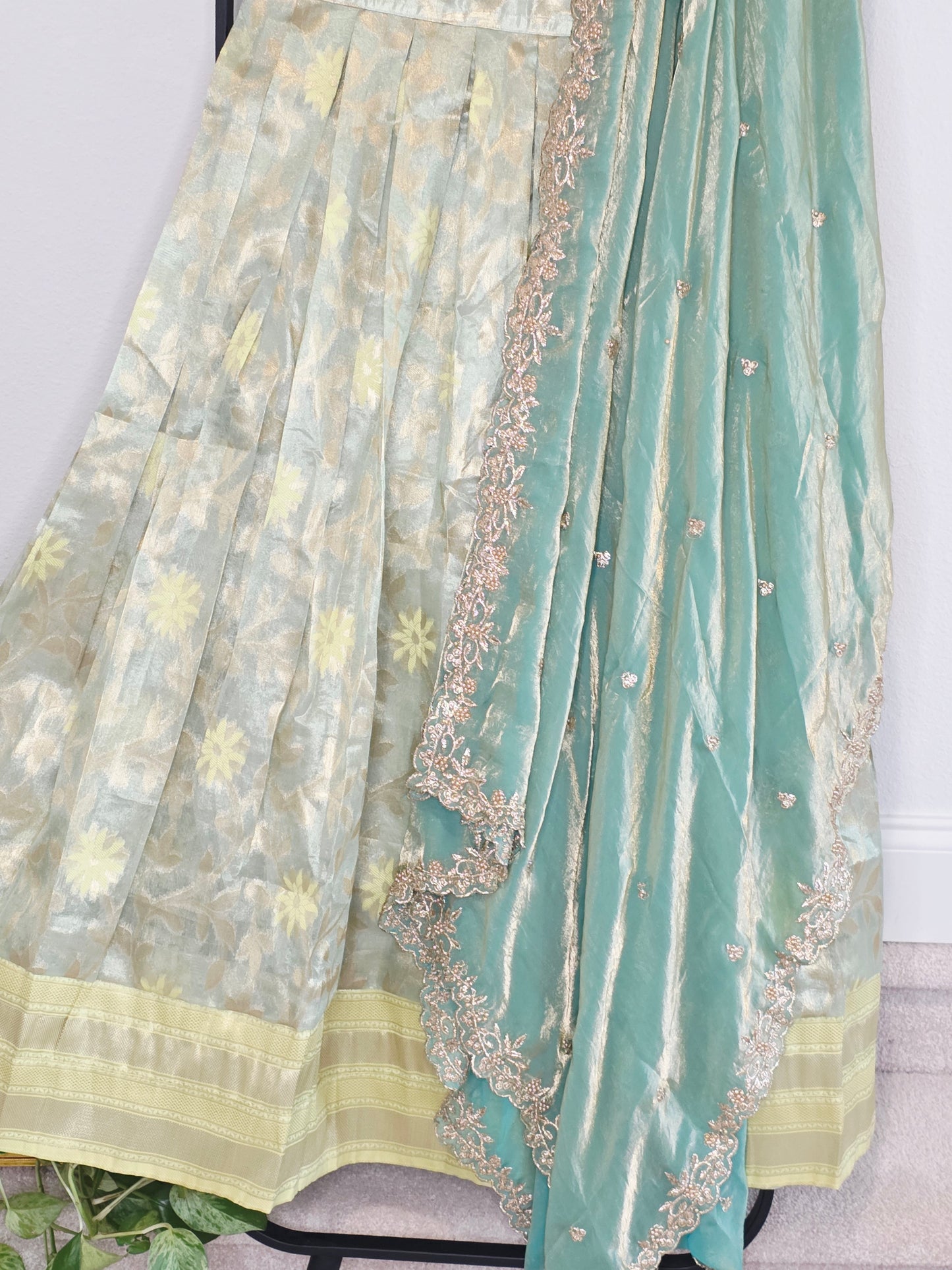 Pastel Mint Aqua Tissue Organza Lehenga Set with Space Silk Dupatta