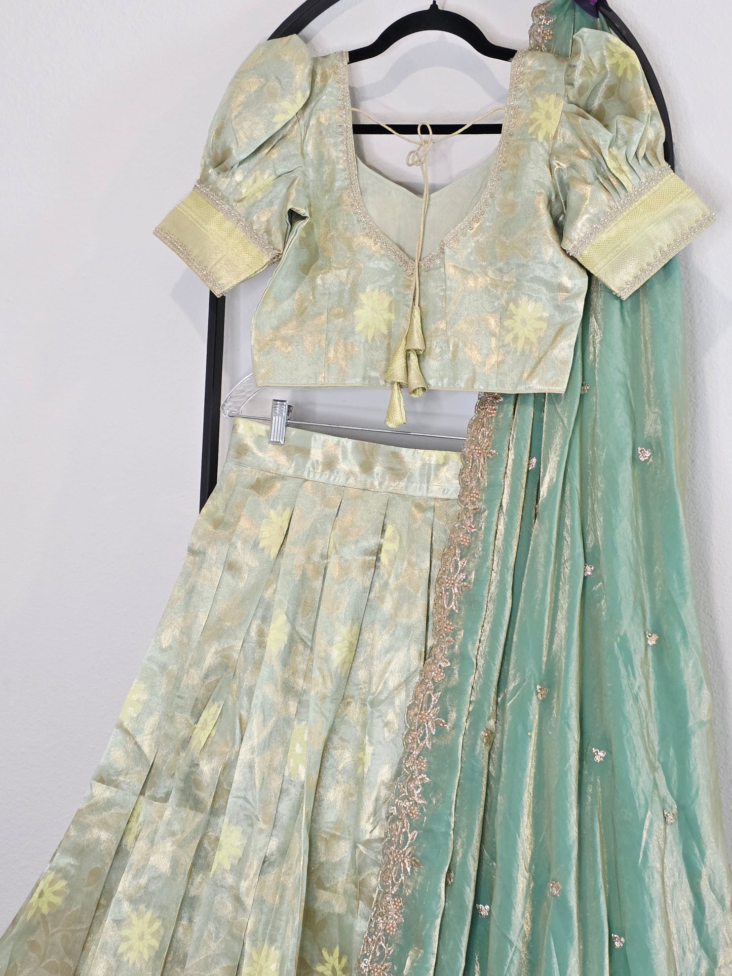 Pastel Mint Aqua Tissue Organza Lehenga Set with Space Silk Dupatta