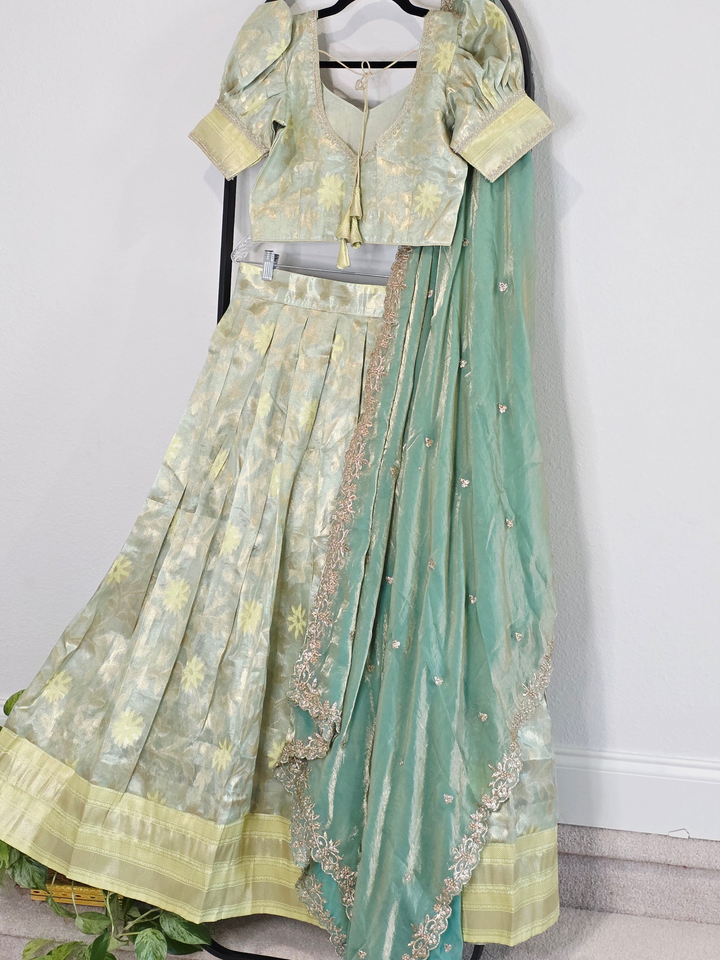 Pastel Mint Aqua Tissue Organza Lehenga Set with Space Silk Dupatta