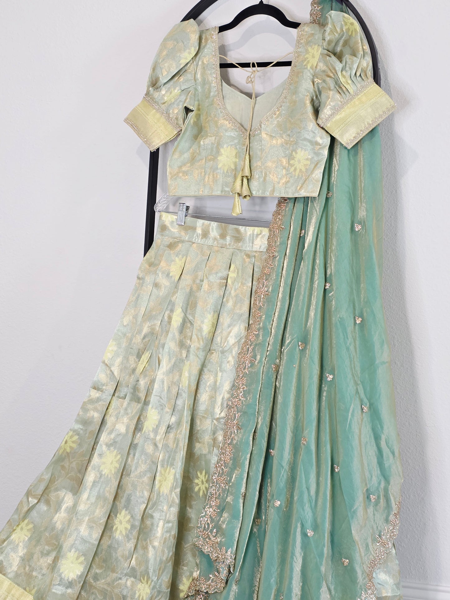 Pastel Mint Aqua Tissue Organza Lehenga Set with Space Silk Dupatta
