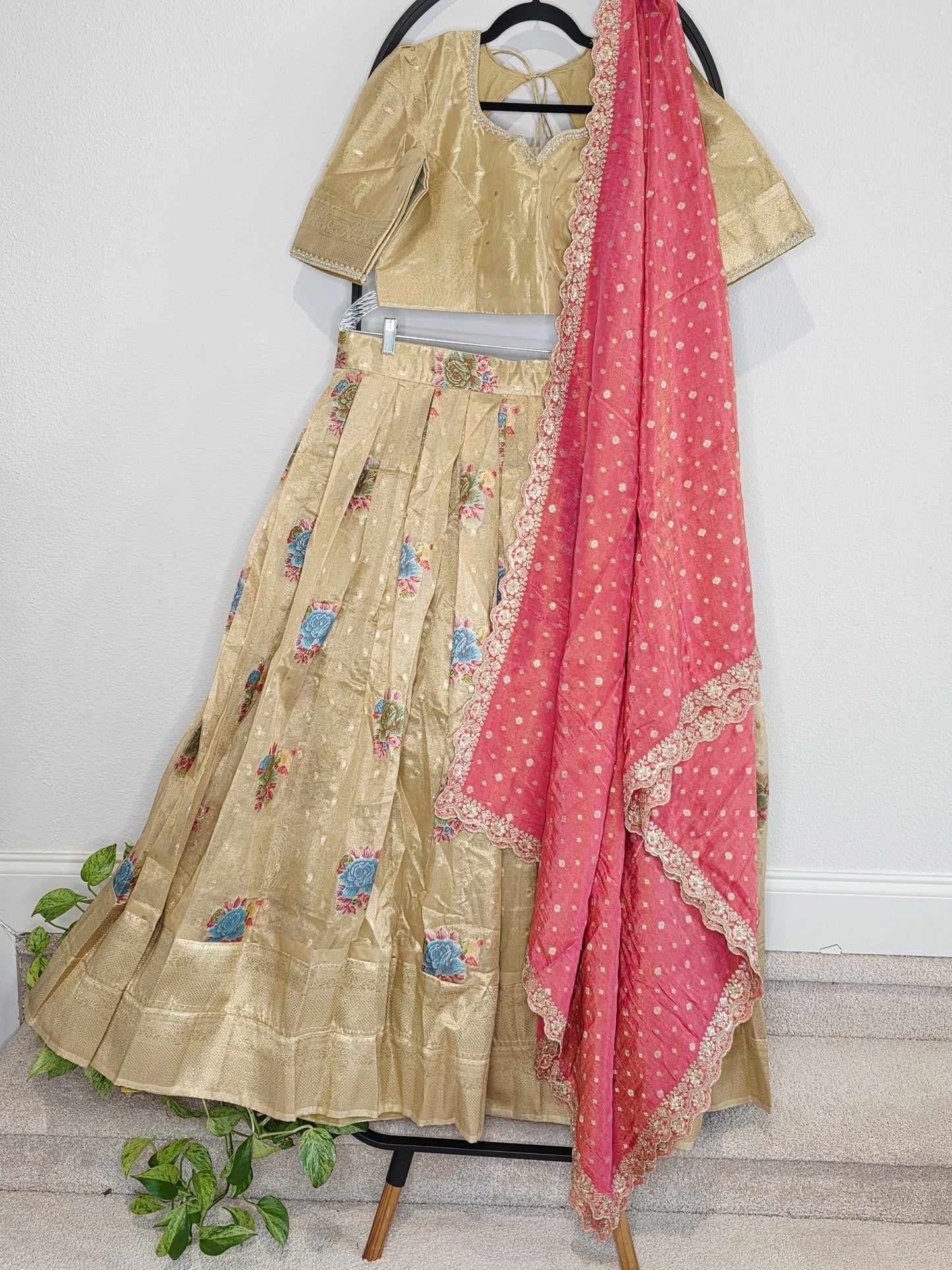 Champagne Gold Tissue Organza Half Saree Set with Coral Pink Benarasi Dupatta