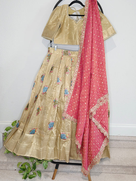 Champagne Gold Tissue Organza Half Saree Set with Coral Pink Benarasi Dupatta
