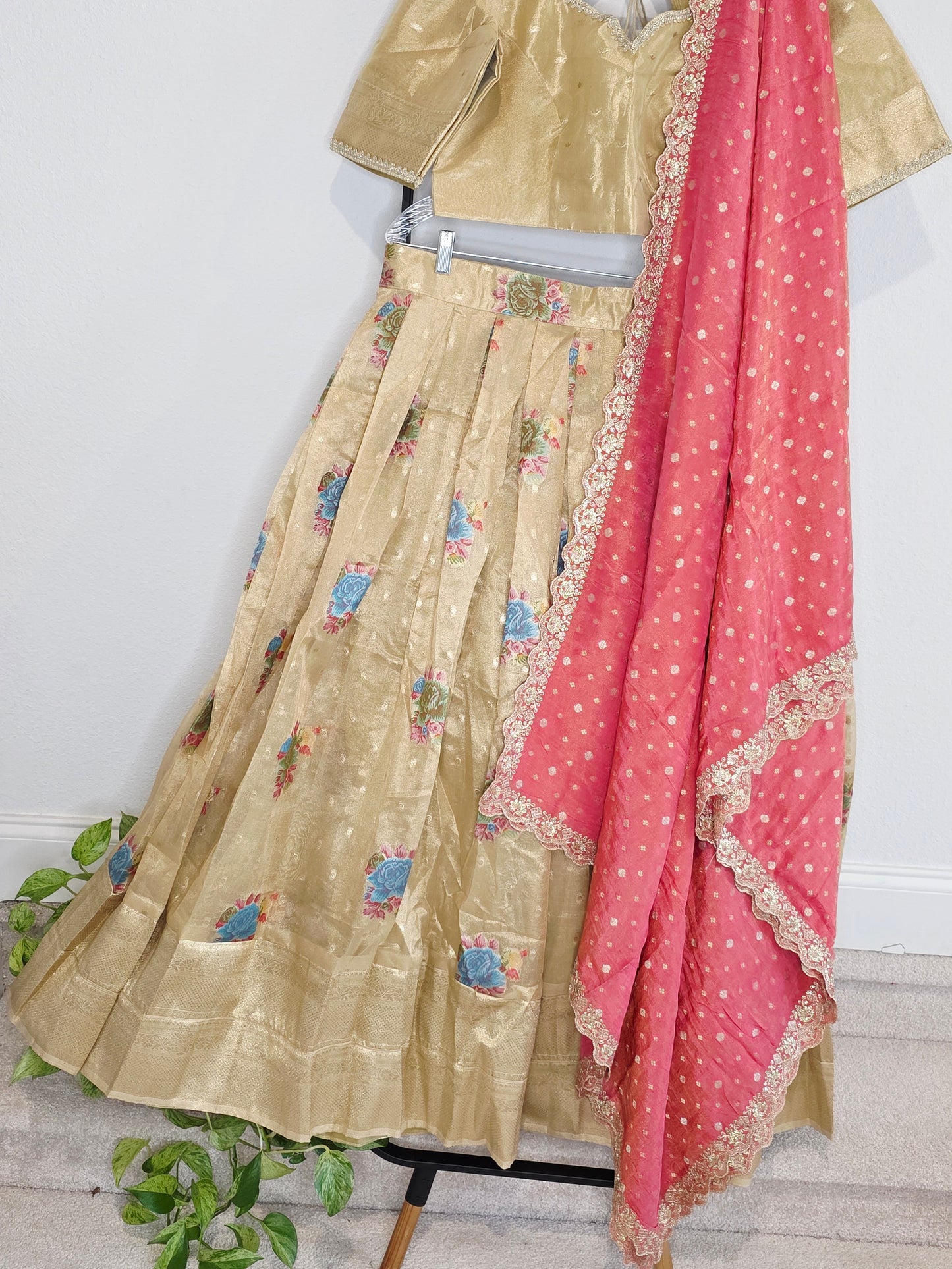 Champagne Gold Tissue Organza Half Saree Set with Coral Pink Benarasi Dupatta