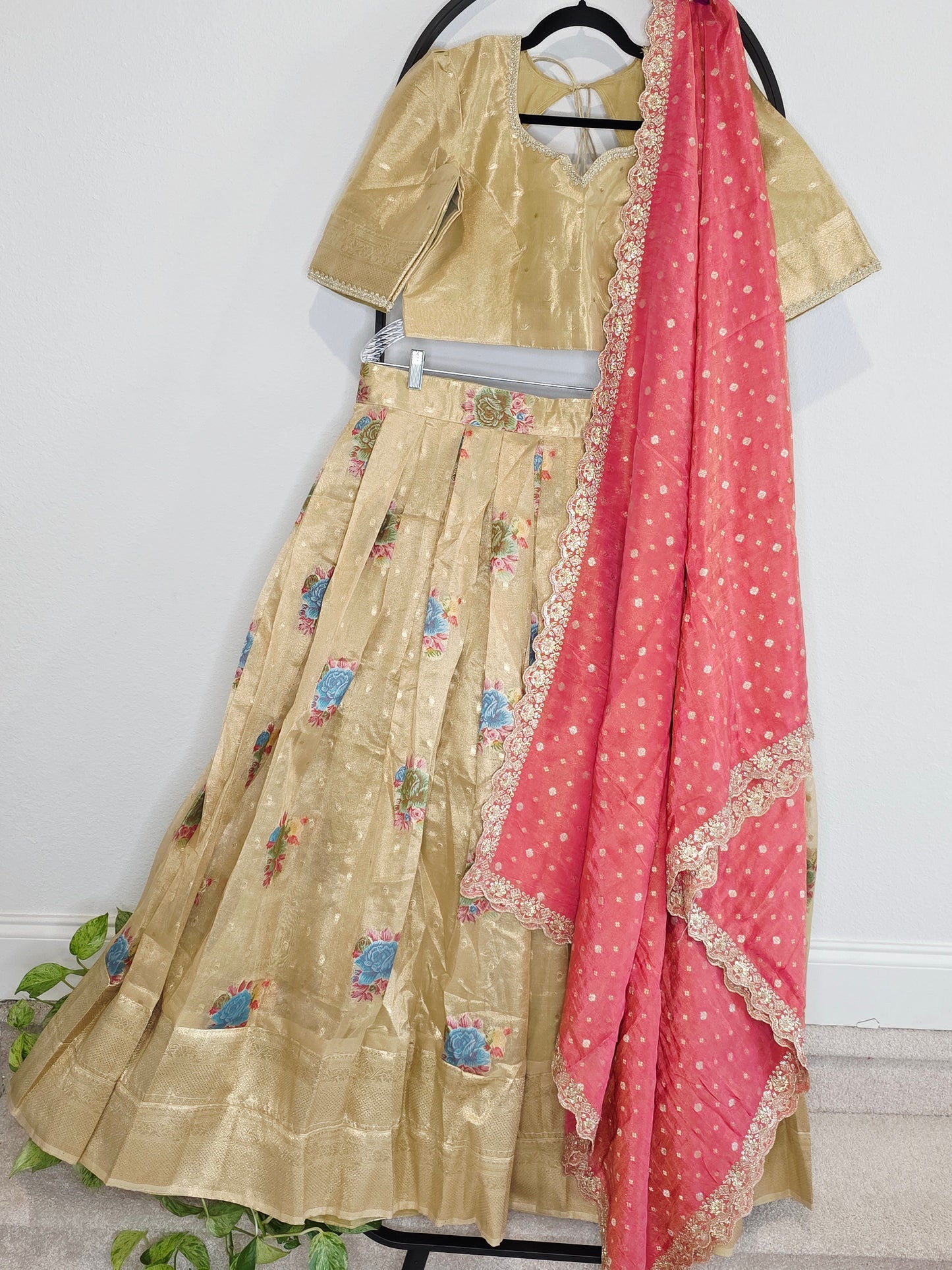 Champagne Gold Tissue Organza Half Saree Set with Coral Pink Benarasi Dupatta