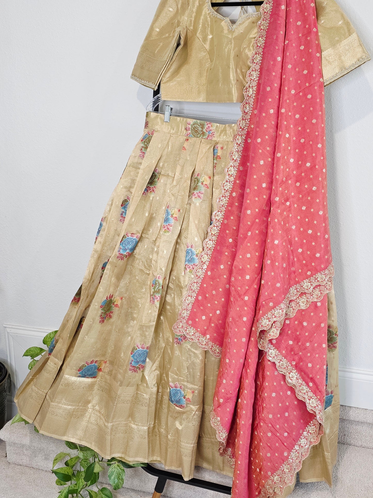 Champagne Gold Tissue Organza Half Saree Set with Coral Pink Benarasi Dupatta