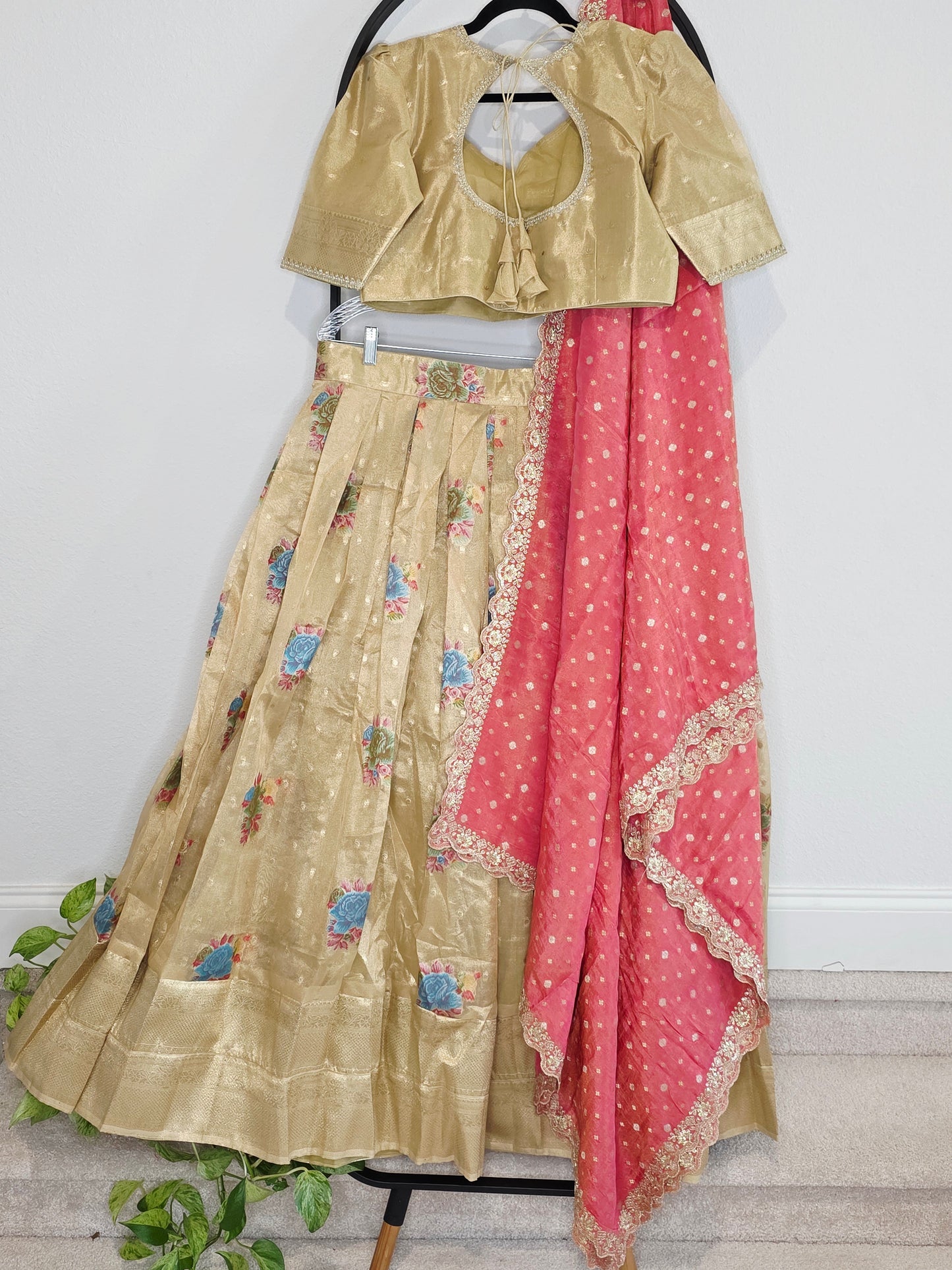 Champagne Gold Tissue Organza Half Saree Set with Coral Pink Benarasi Dupatta