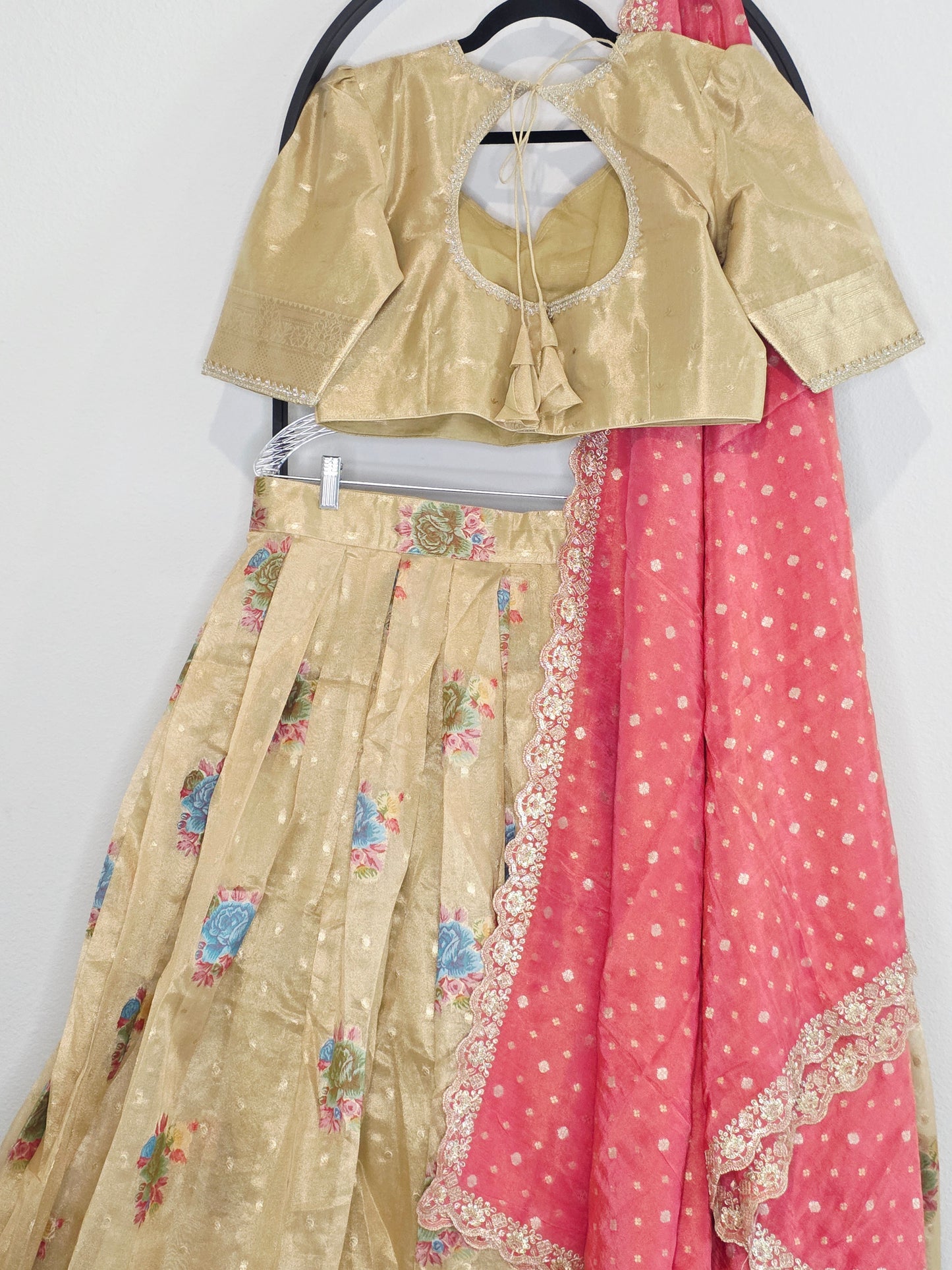 Champagne Gold Tissue Organza Half Saree Set with Coral Pink Benarasi Dupatta