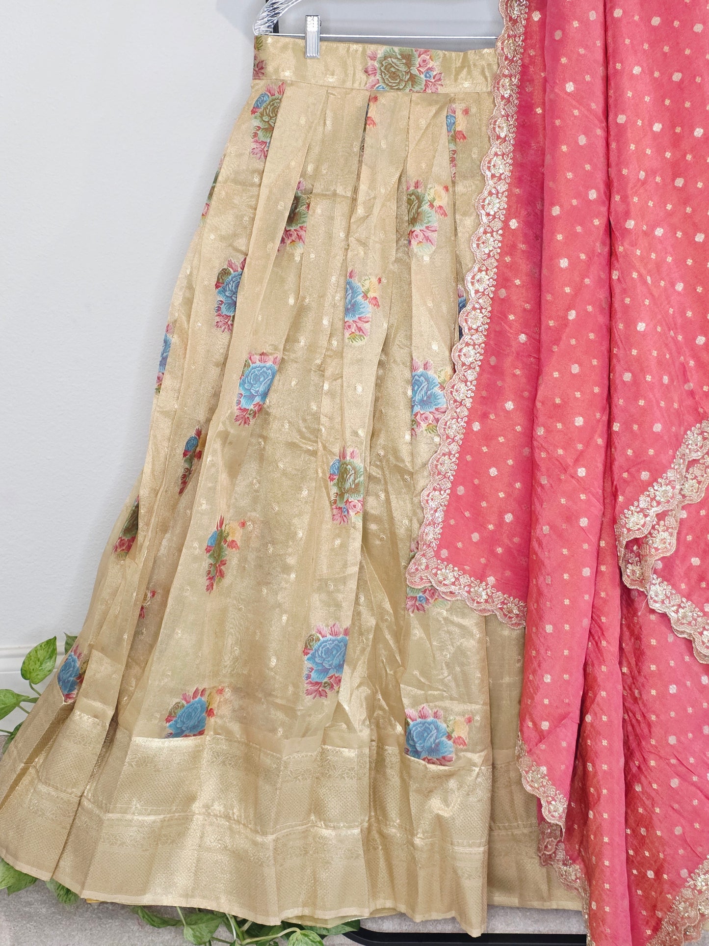 Champagne Gold Tissue Organza Half Saree Set with Coral Pink Benarasi Dupatta