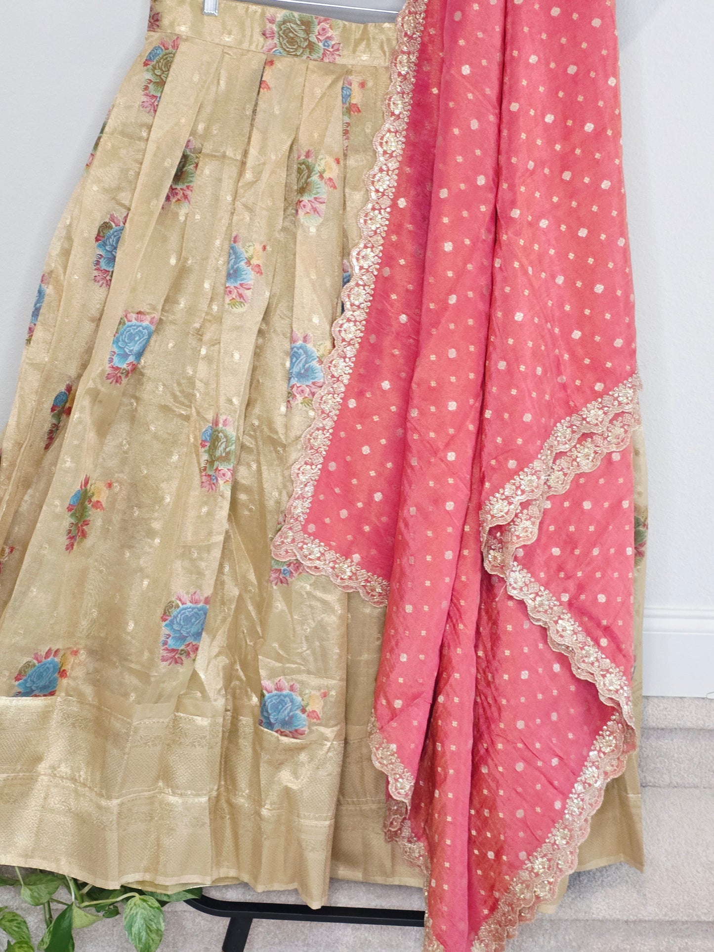 Champagne Gold Tissue Organza Half Saree Set with Coral Pink Benarasi Dupatta