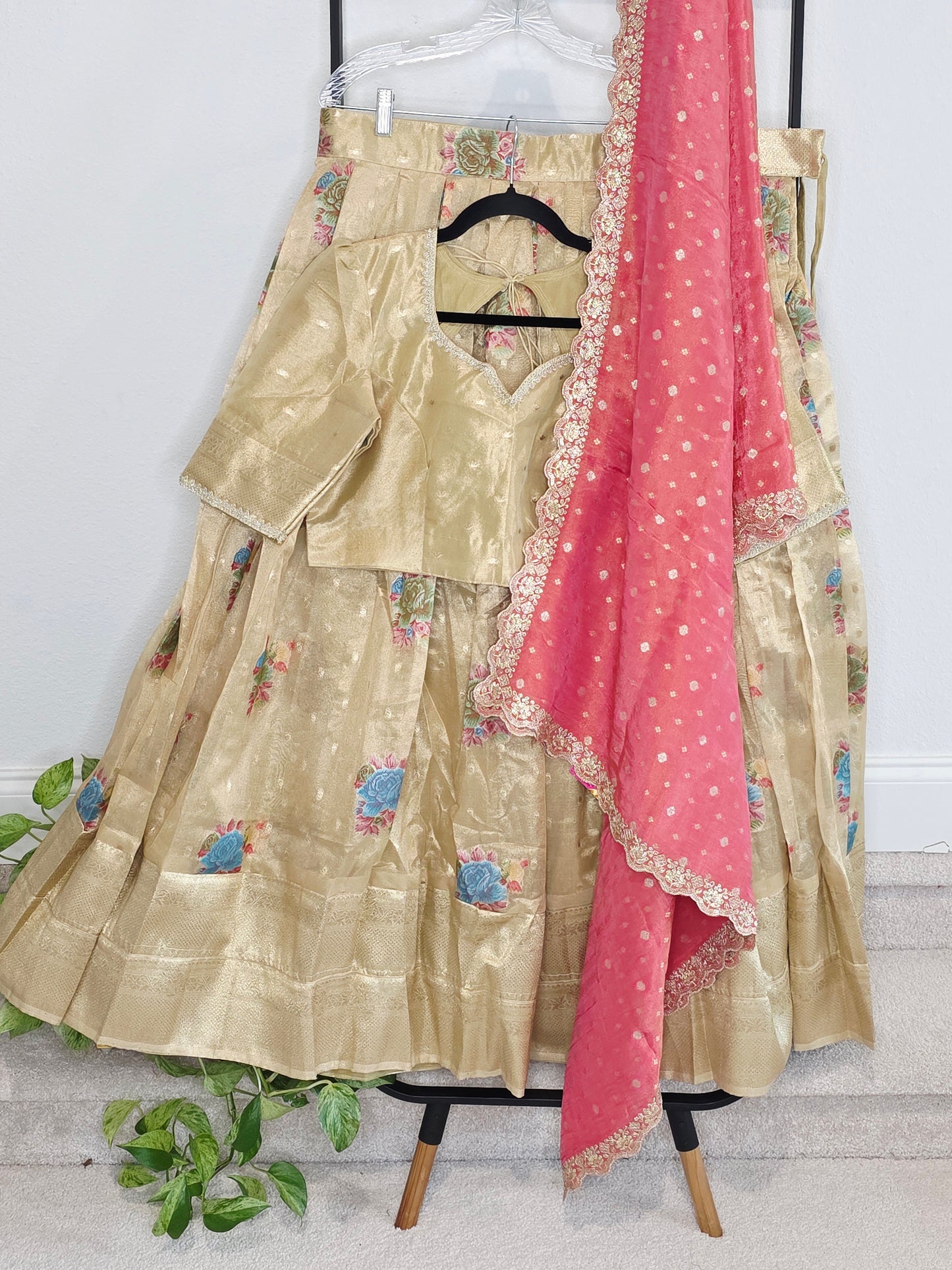 Champagne Gold Tissue Organza Half Saree Set with Coral Pink Benarasi Dupatta