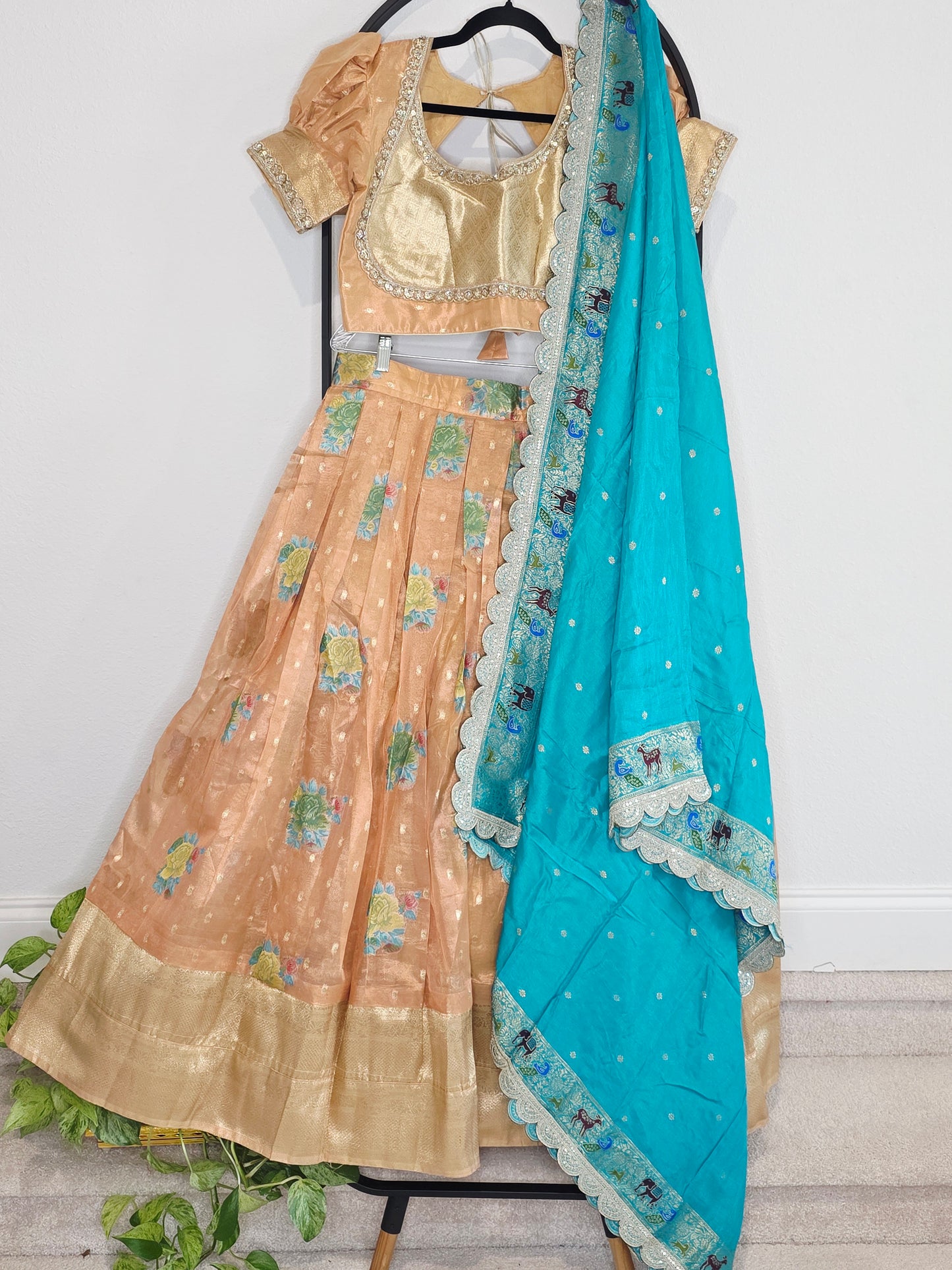 Peach Gold & Turquoise Tissue Organza Floral Butta Lehenga Set — Pastel Bridal Lehenga Choli with Munga Silk Scalloped Dupatta