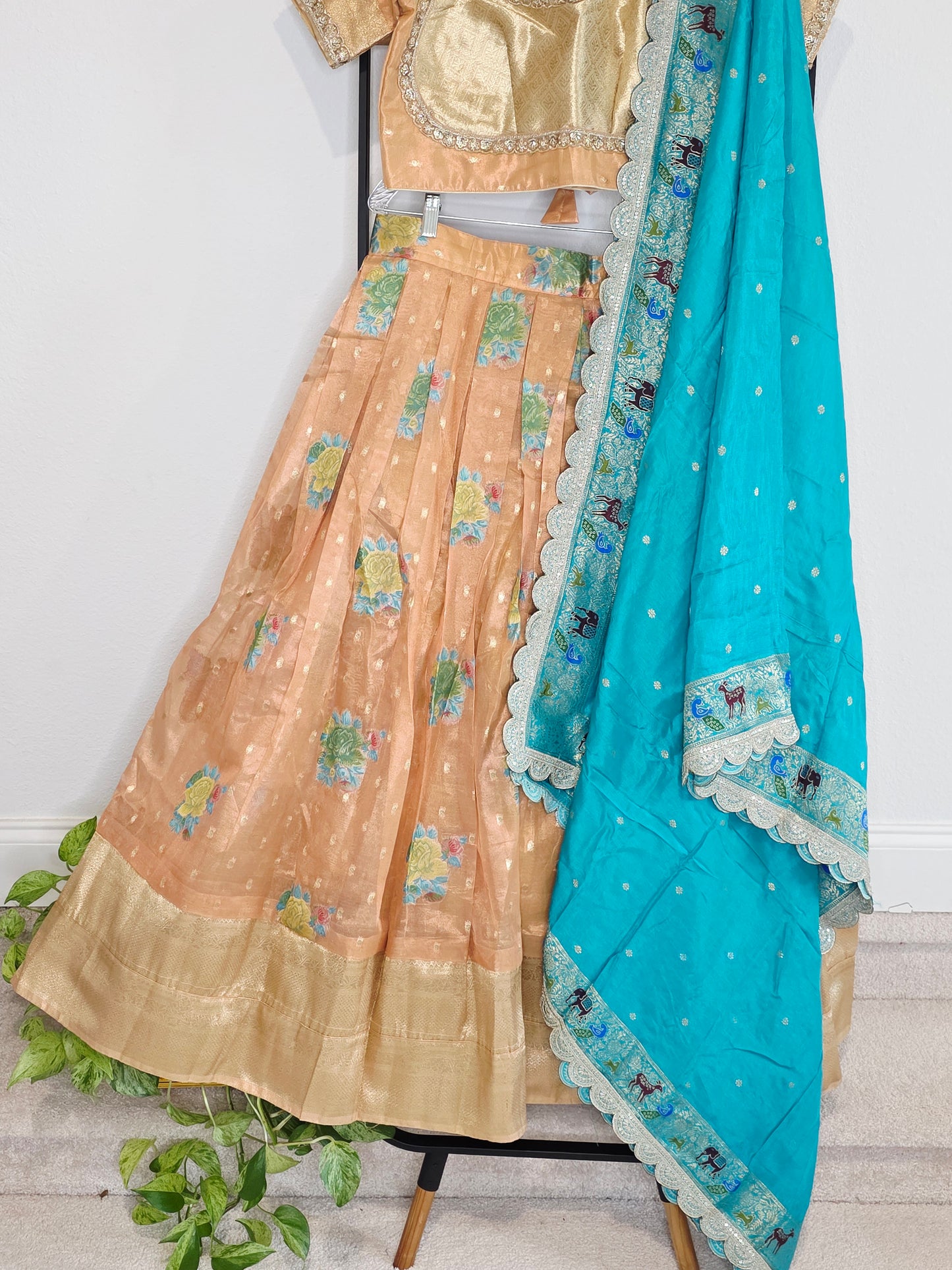 Peach Gold & Turquoise Tissue Organza Floral Butta Lehenga Set — Pastel Bridal Lehenga Choli with Munga Silk Scalloped Dupatta
