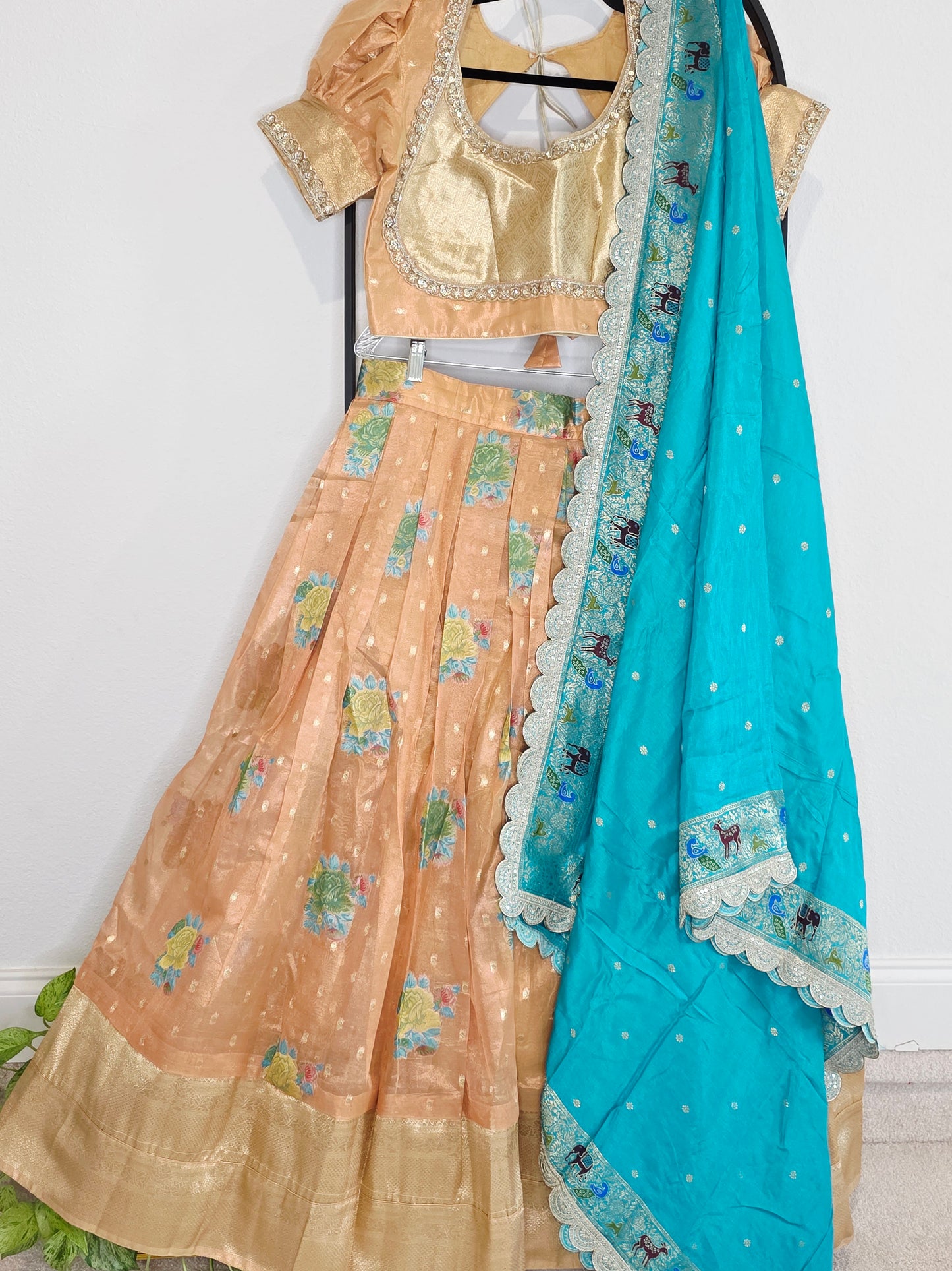 Peach Gold & Turquoise Tissue Organza Floral Butta Lehenga Set — Pastel Bridal Lehenga Choli with Munga Silk Scalloped Dupatta