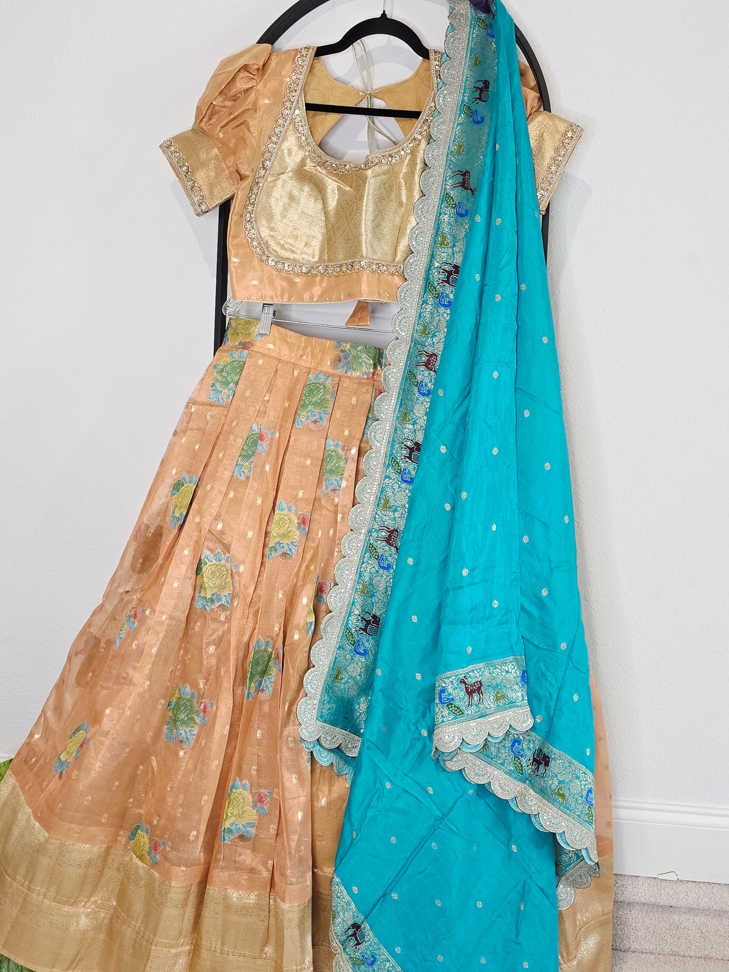 Peach Gold & Turquoise Tissue Organza Floral Butta Lehenga Set — Pastel Bridal Lehenga Choli with Munga Silk Scalloped Dupatta
