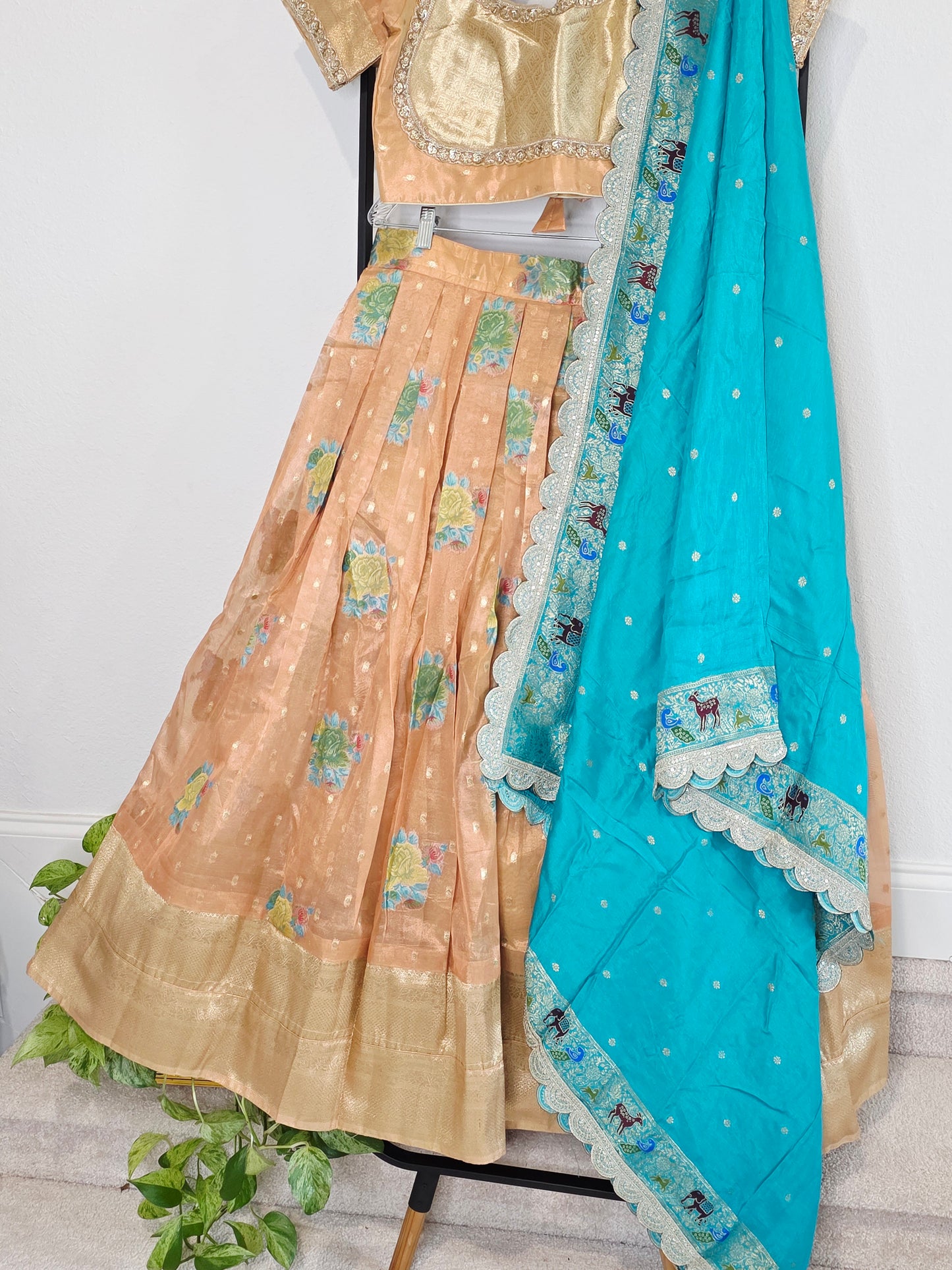 Peach Gold & Turquoise Tissue Organza Floral Butta Lehenga Set — Pastel Bridal Lehenga Choli with Munga Silk Scalloped Dupatta