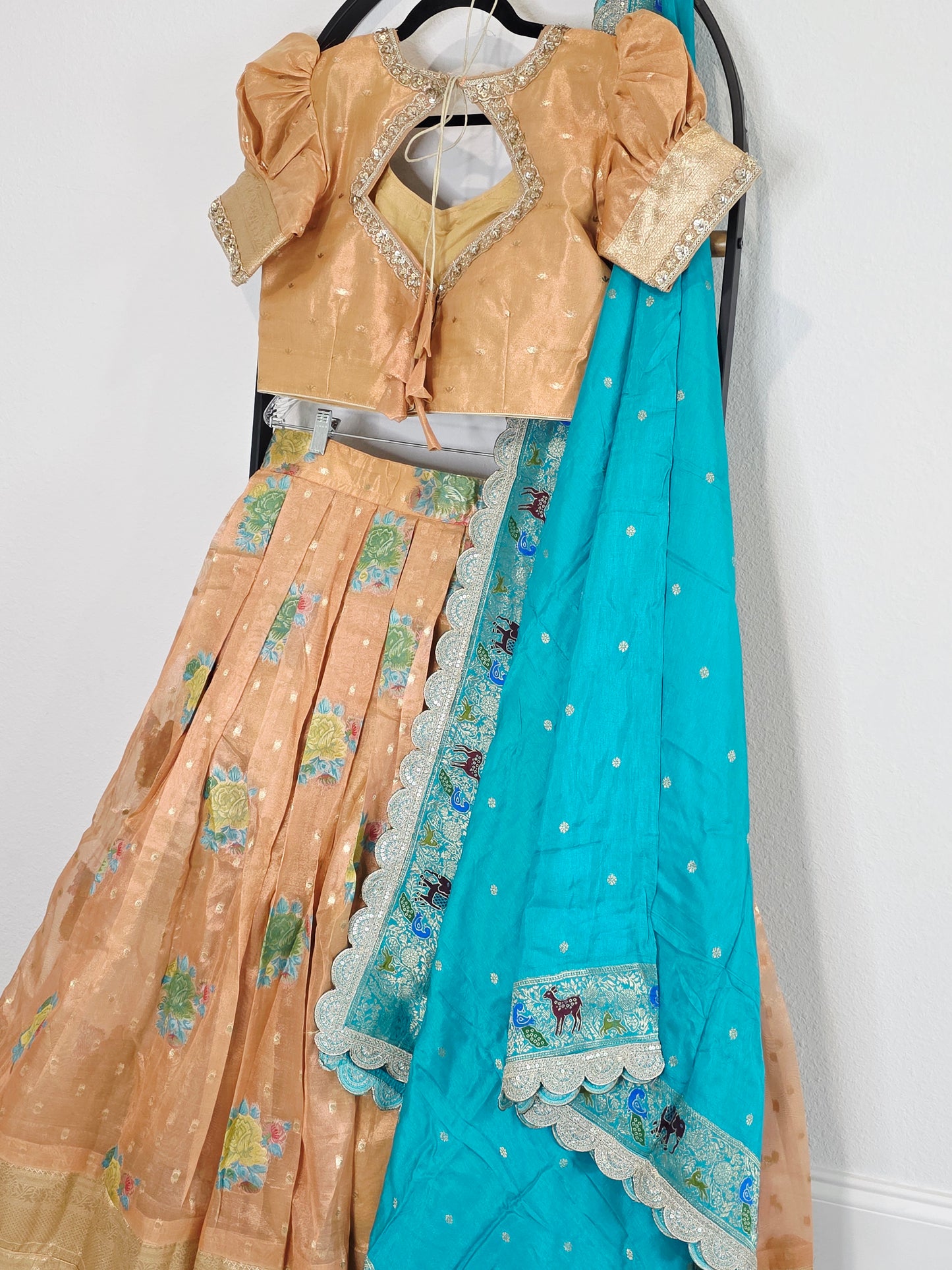 Peach Gold & Turquoise Tissue Organza Floral Butta Lehenga Set — Pastel Bridal Lehenga Choli with Munga Silk Scalloped Dupatta