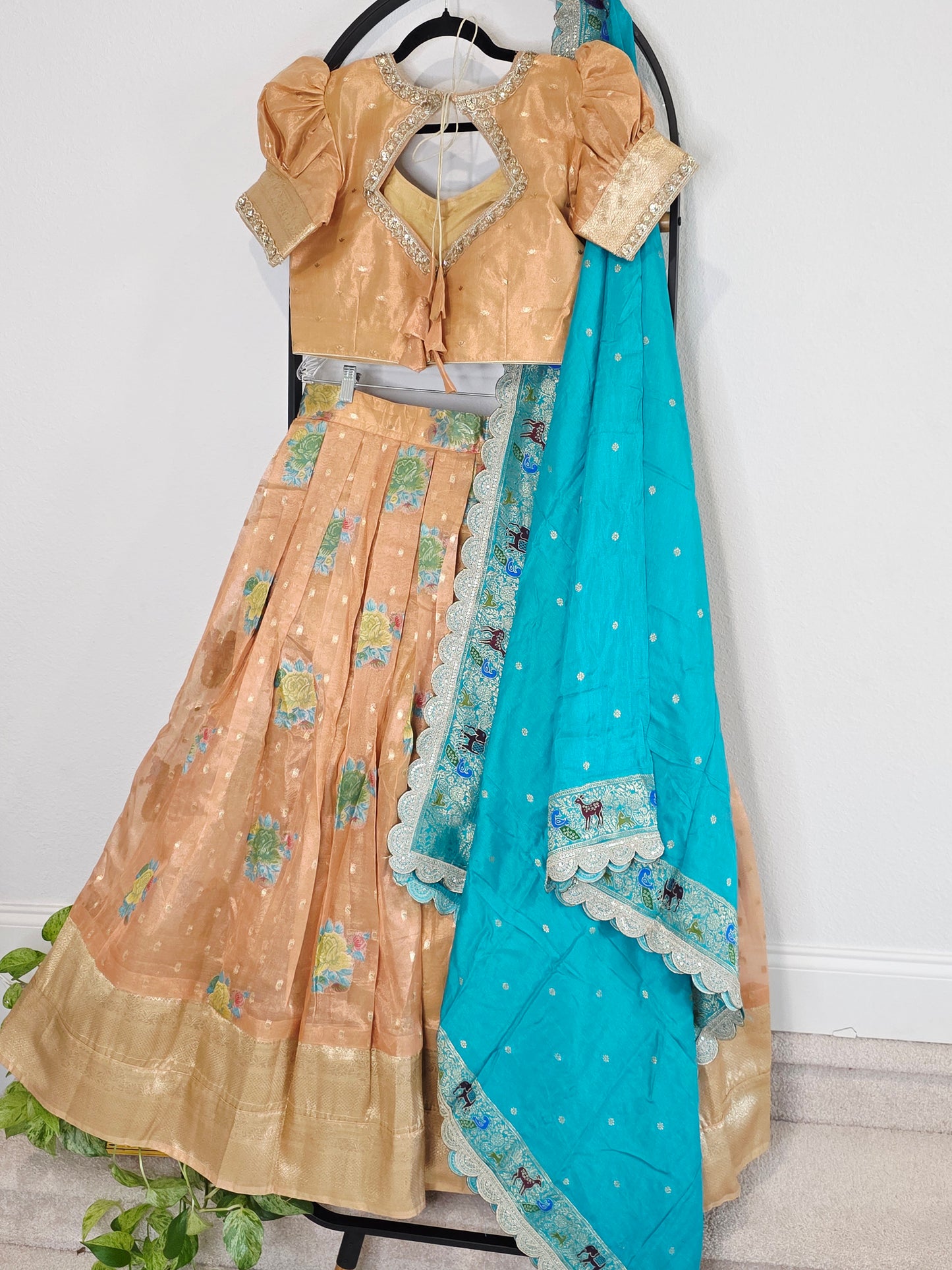 Peach Gold & Turquoise Tissue Organza Floral Butta Lehenga Set — Pastel Bridal Lehenga Choli with Munga Silk Scalloped Dupatta