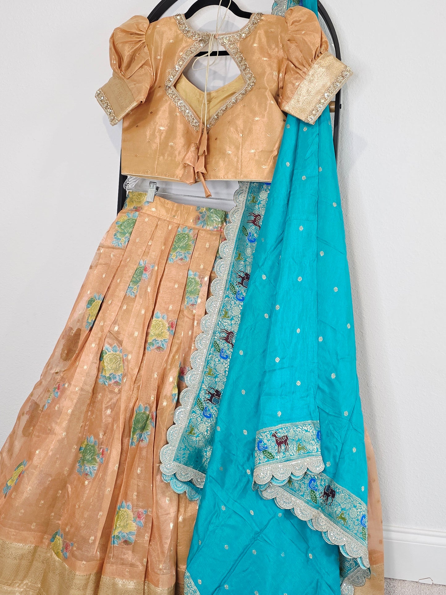 Peach Gold & Turquoise Tissue Organza Floral Butta Lehenga Set — Pastel Bridal Lehenga Choli with Munga Silk Scalloped Dupatta