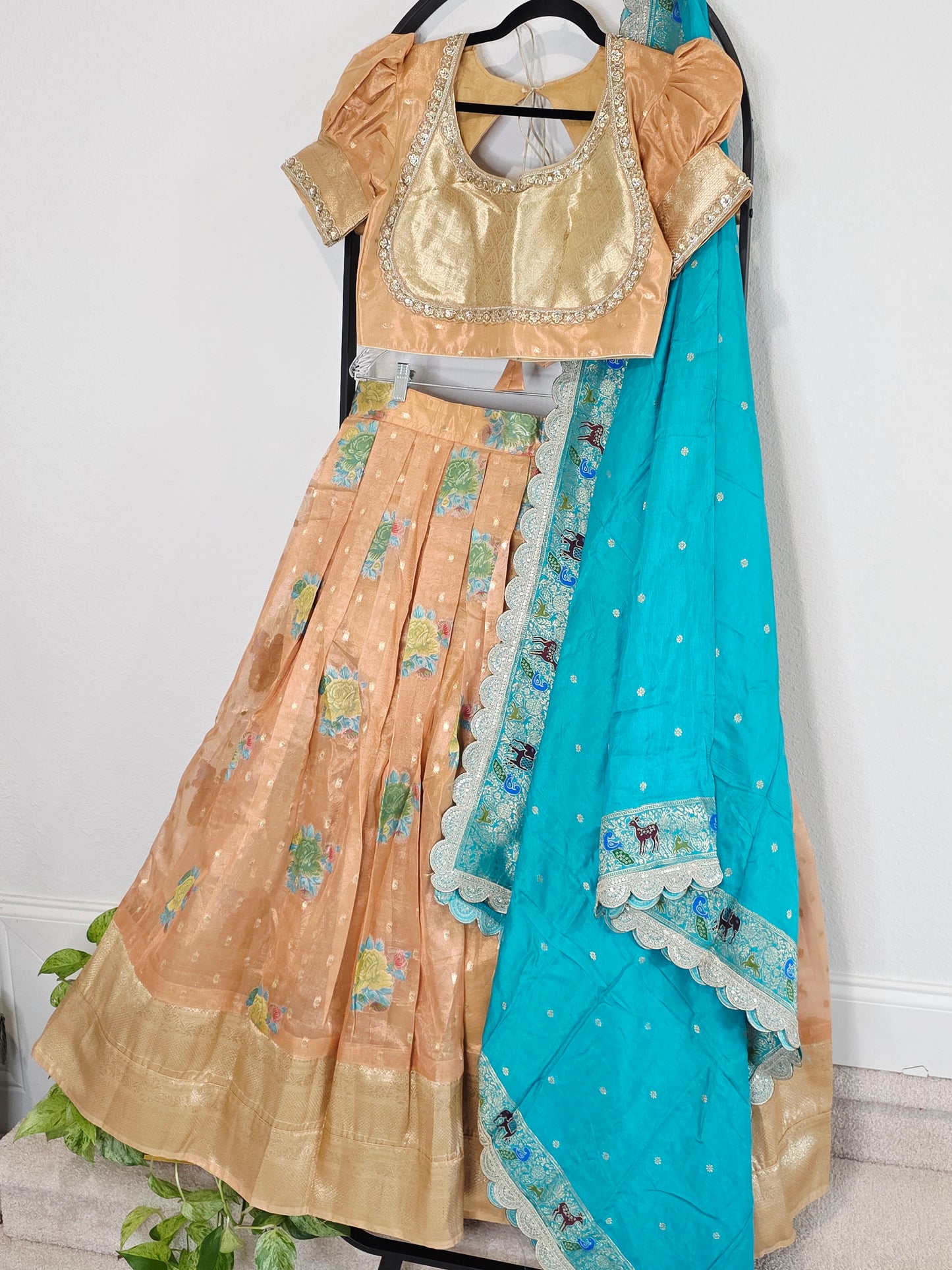 Peach Gold & Turquoise Tissue Organza Floral Butta Lehenga Set — Pastel Bridal Lehenga Choli with Munga Silk Scalloped Dupatta