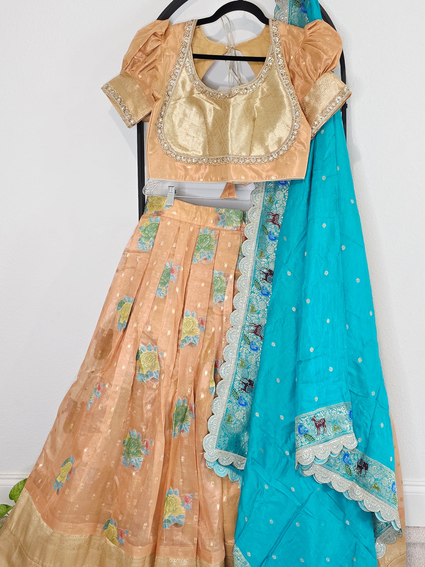 Peach Gold & Turquoise Tissue Organza Floral Butta Lehenga Set — Pastel Bridal Lehenga Choli with Munga Silk Scalloped Dupatta