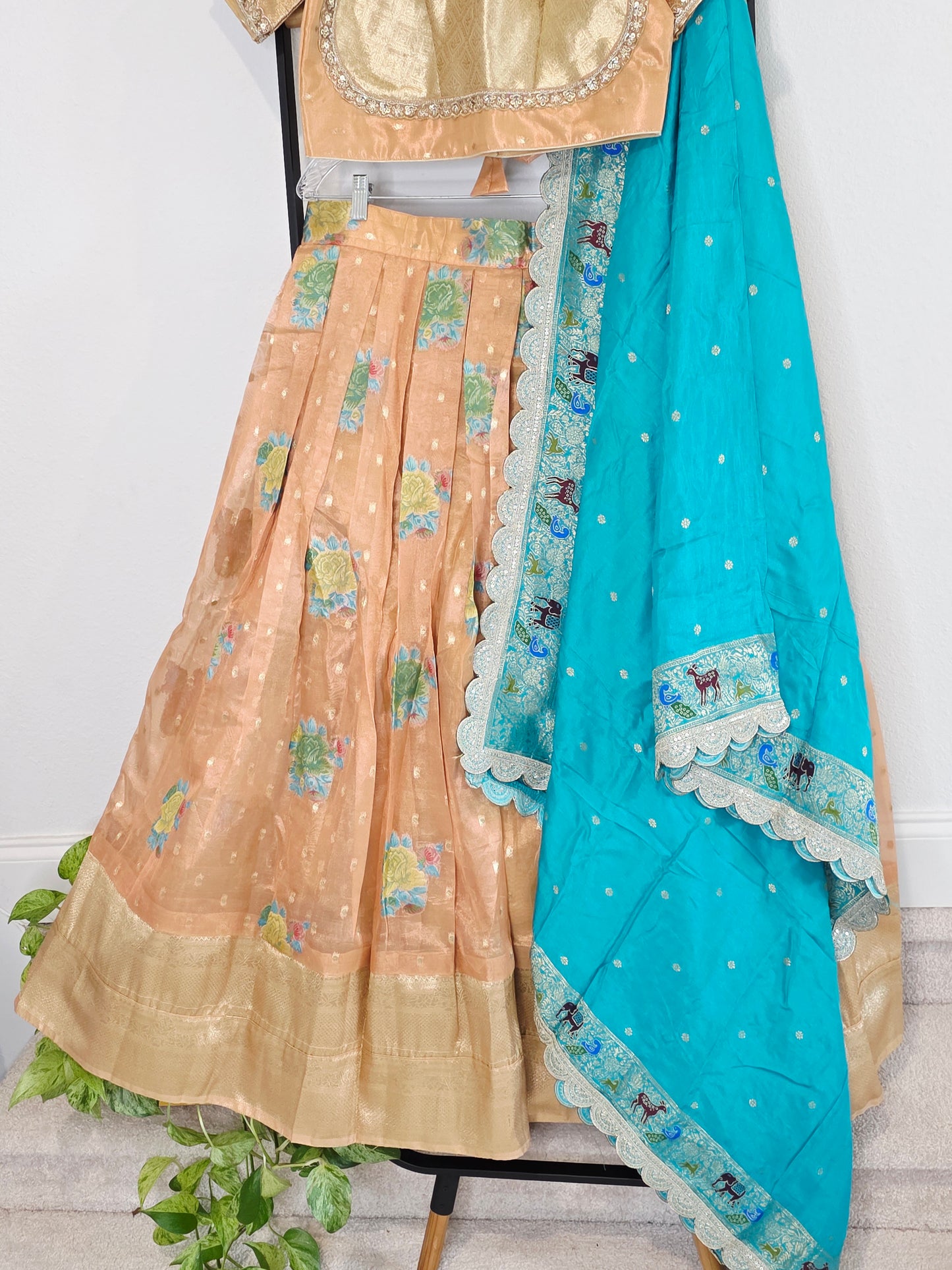 Peach Gold & Turquoise Tissue Organza Floral Butta Lehenga Set — Pastel Bridal Lehenga Choli with Munga Silk Scalloped Dupatta