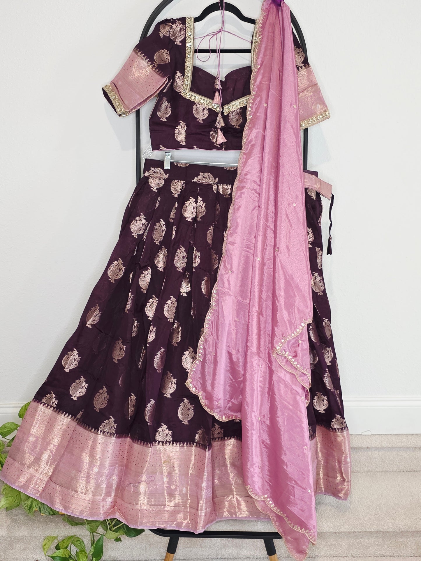 Plum Wine Mango Benarasi Silk Lehenga Set with Rose Pink Chinon Dupatta