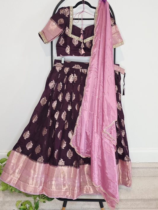 Plum Wine Mango Benarasi Silk Lehenga Set with Rose Pink Chinon Dupatta