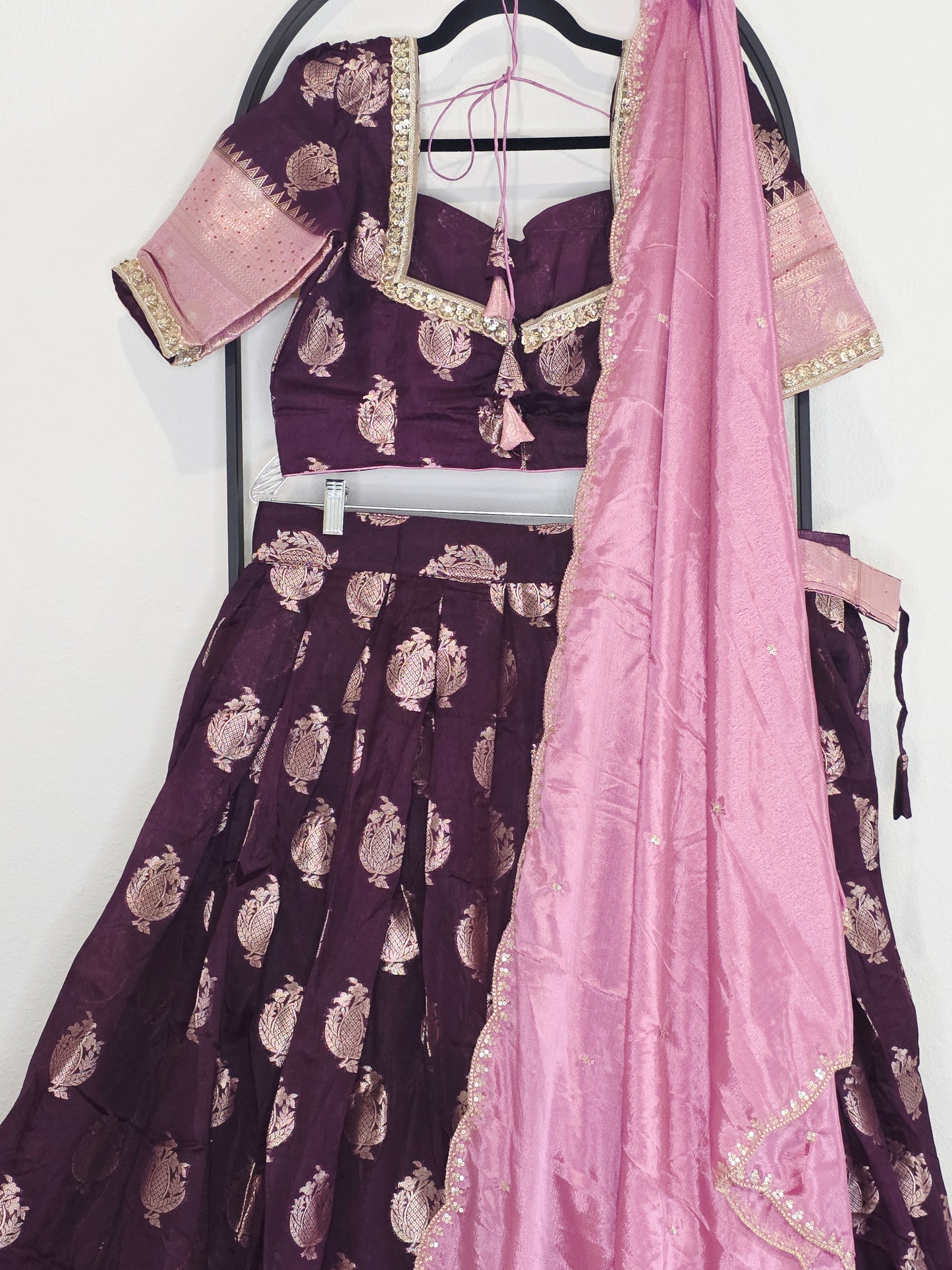 Plum Wine Mango Benarasi Silk Lehenga Set with Rose Pink Chinon Dupatta