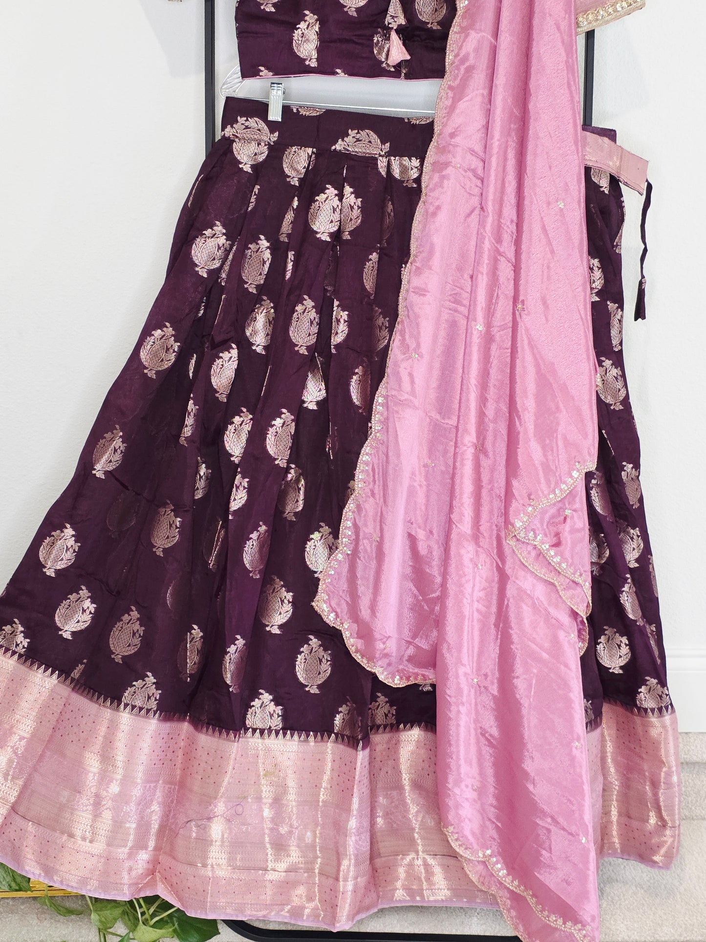 Plum Wine Mango Benarasi Silk Lehenga Set with Rose Pink Chinon Dupatta