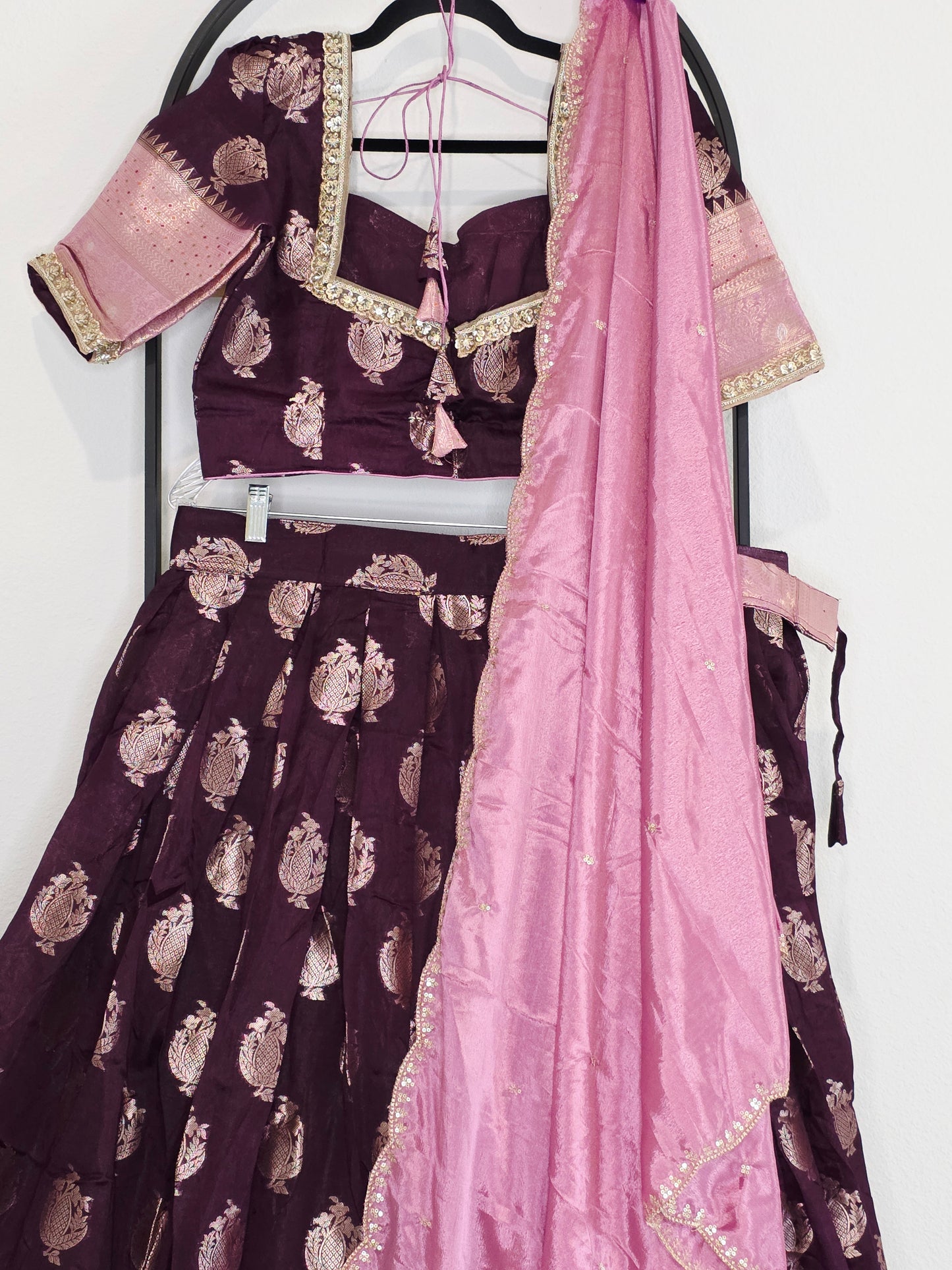 Plum Wine Mango Benarasi Silk Lehenga Set with Rose Pink Chinon Dupatta