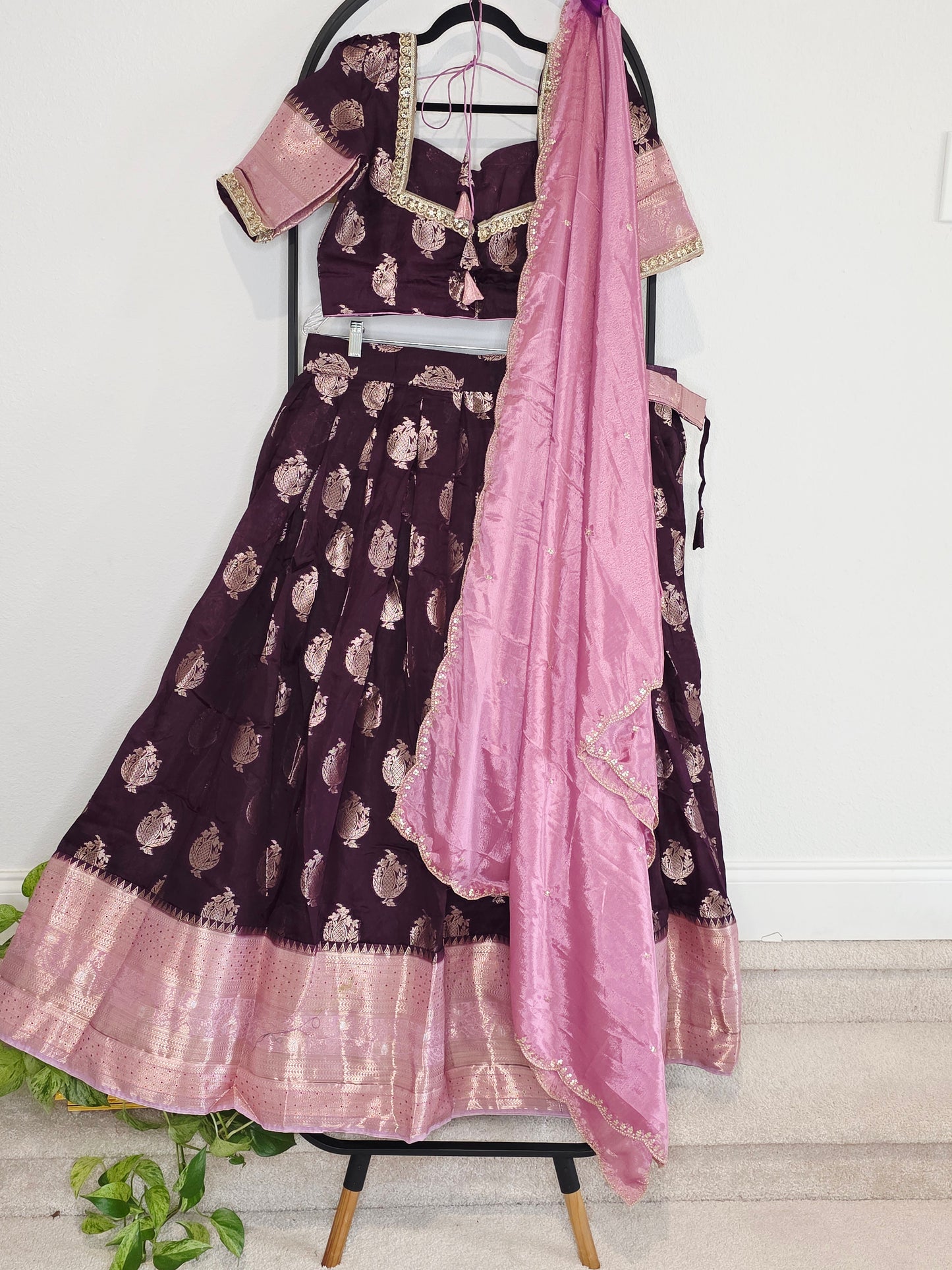 Plum Wine Mango Benarasi Silk Lehenga Set with Rose Pink Chinon Dupatta