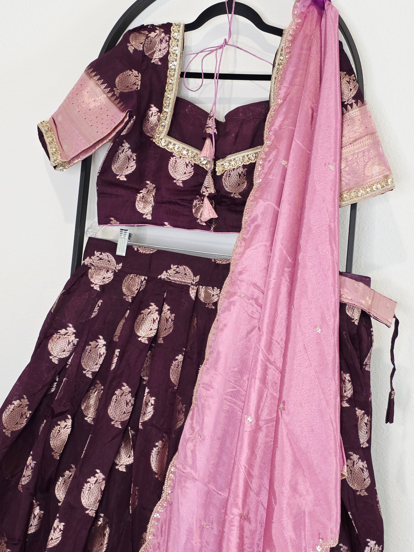 Plum Wine Mango Benarasi Silk Lehenga Set with Rose Pink Chinon Dupatta