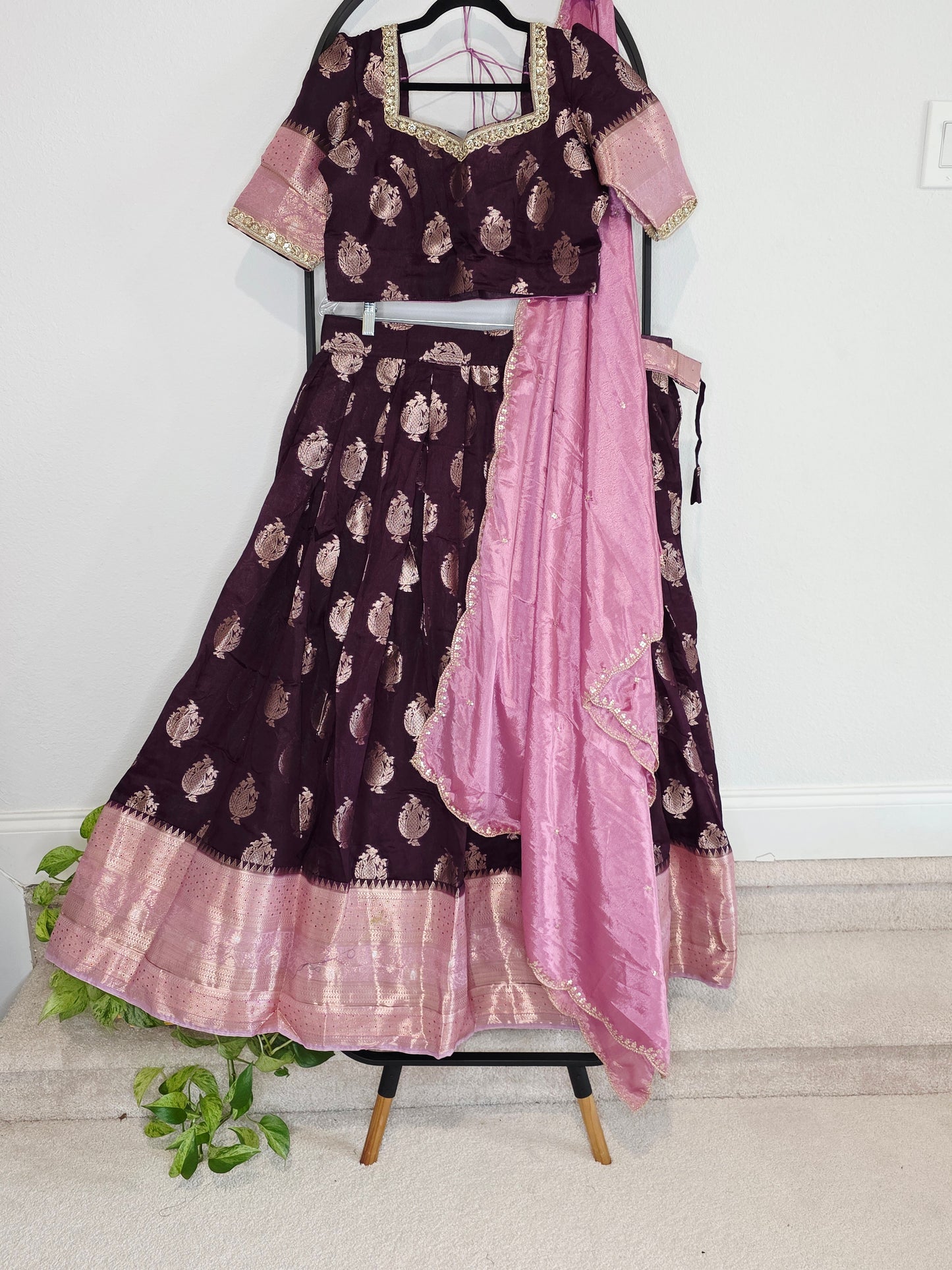 Plum Wine Mango Benarasi Silk Lehenga Set with Rose Pink Chinon Dupatta