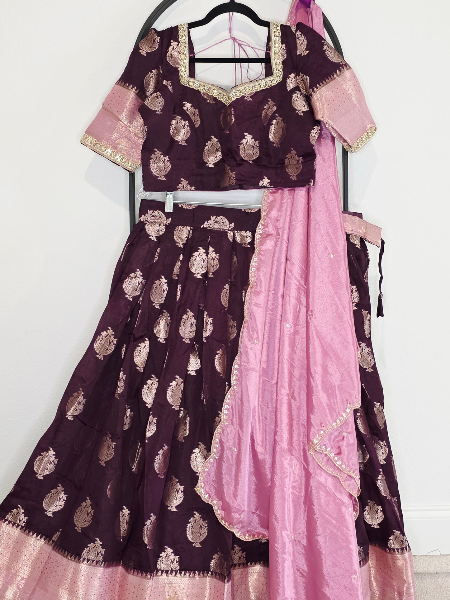 Plum Wine Mango Benarasi Silk Lehenga Set with Rose Pink Chinon Dupatta
