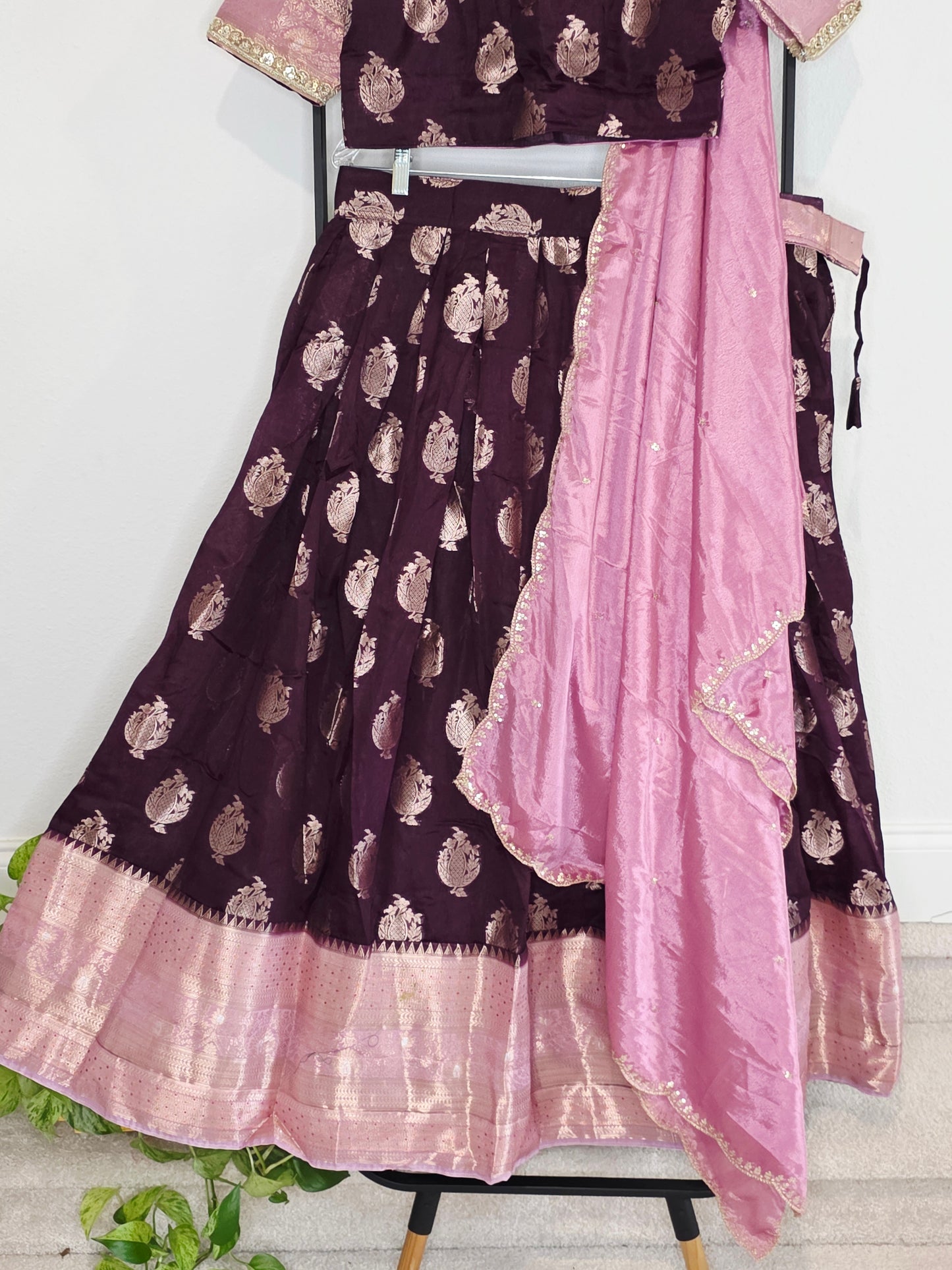 Plum Wine Mango Benarasi Silk Lehenga Set with Rose Pink Chinon Dupatta