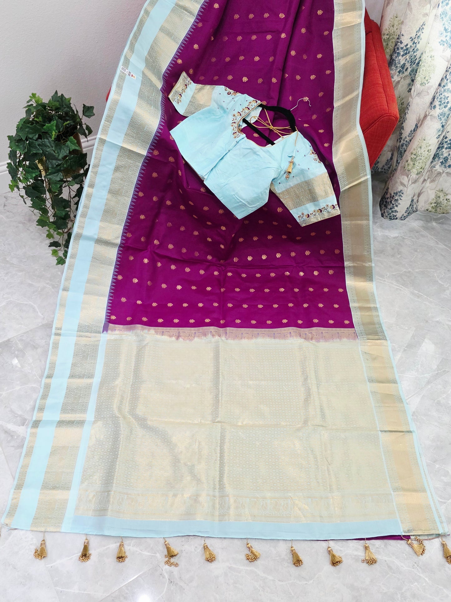 Royal Magenta & Powder Blue Pure Kanchipuram Soft Silk Saree — Gap Border Butta Weave with Stitched Maggam Work Blouse & Gold Tassel Pallu