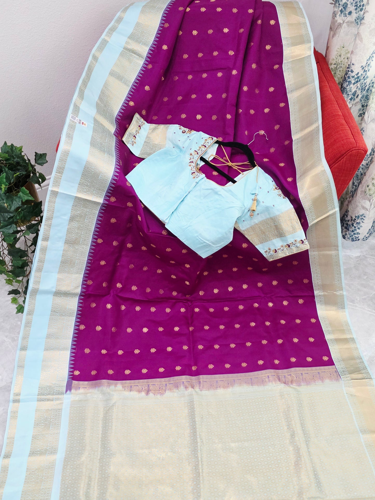 Royal Magenta & Powder Blue Pure Kanchipuram Soft Silk Saree — Gap Border Butta Weave with Stitched Maggam Work Blouse & Gold Tassel Pallu