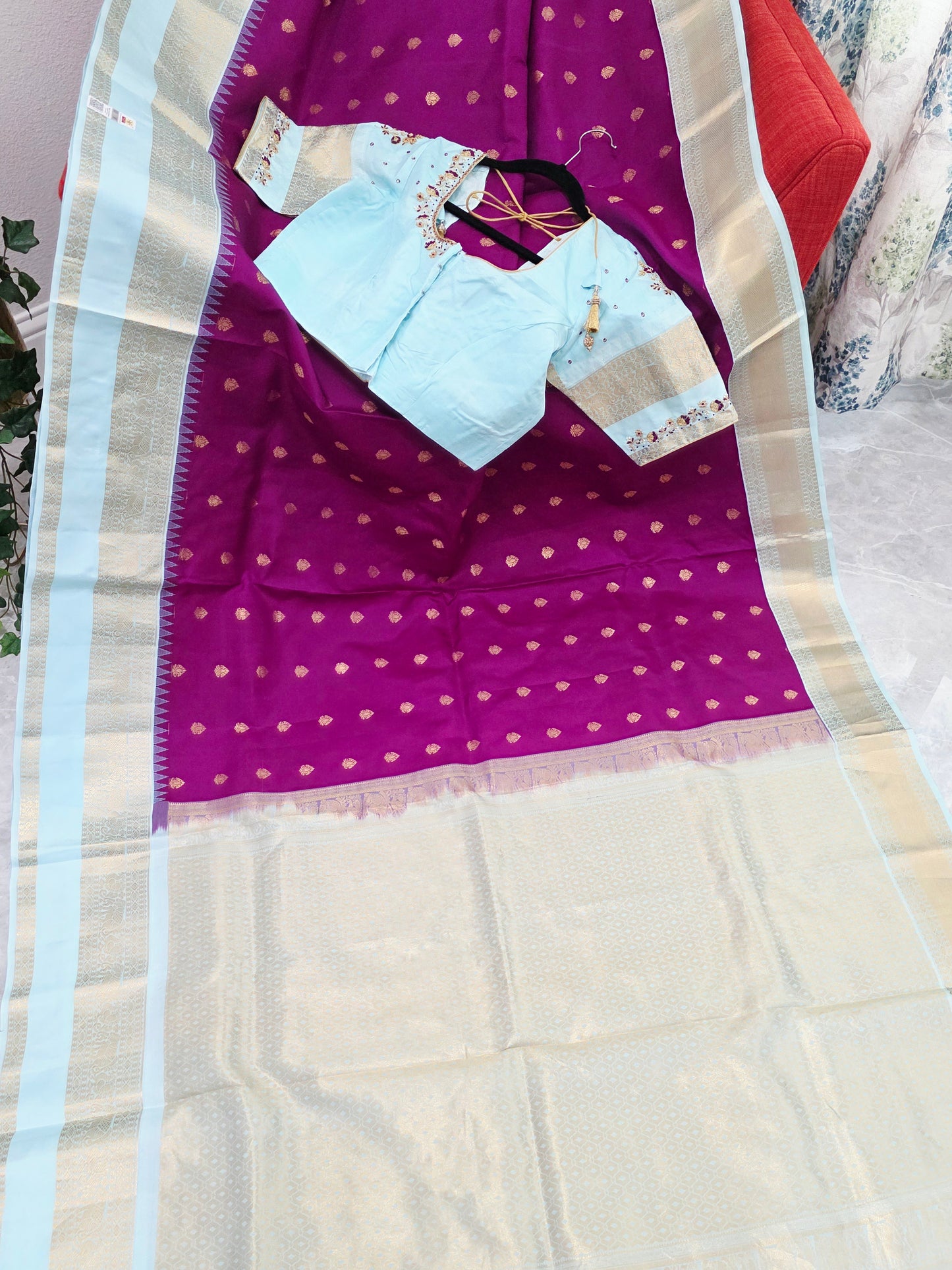 Royal Magenta & Powder Blue Pure Kanchipuram Soft Silk Saree — Gap Border Butta Weave with Stitched Maggam Work Blouse & Gold Tassel Pallu