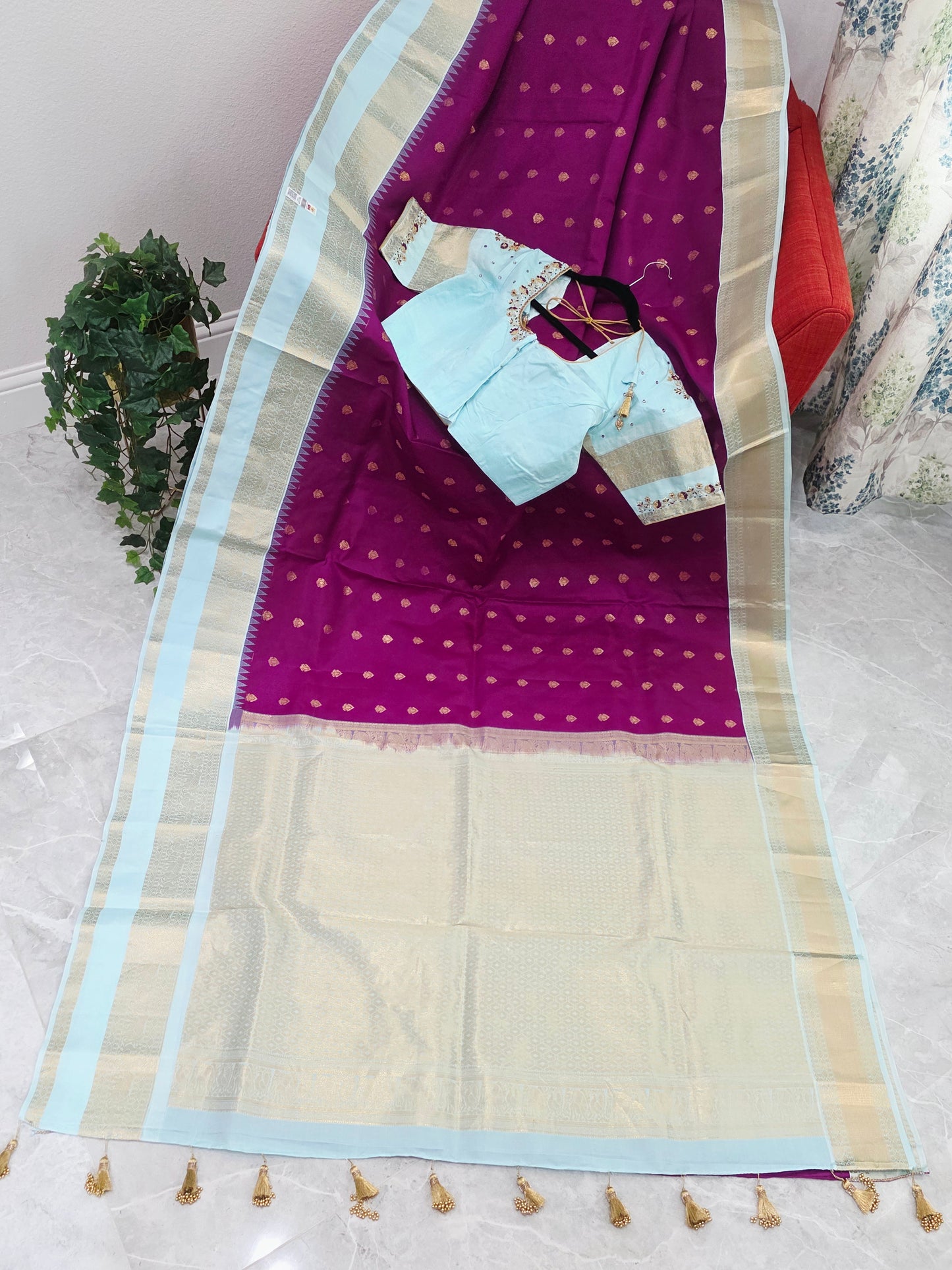 Royal Magenta & Powder Blue Pure Kanchipuram Soft Silk Saree — Gap Border Butta Weave with Stitched Maggam Work Blouse & Gold Tassel Pallu
