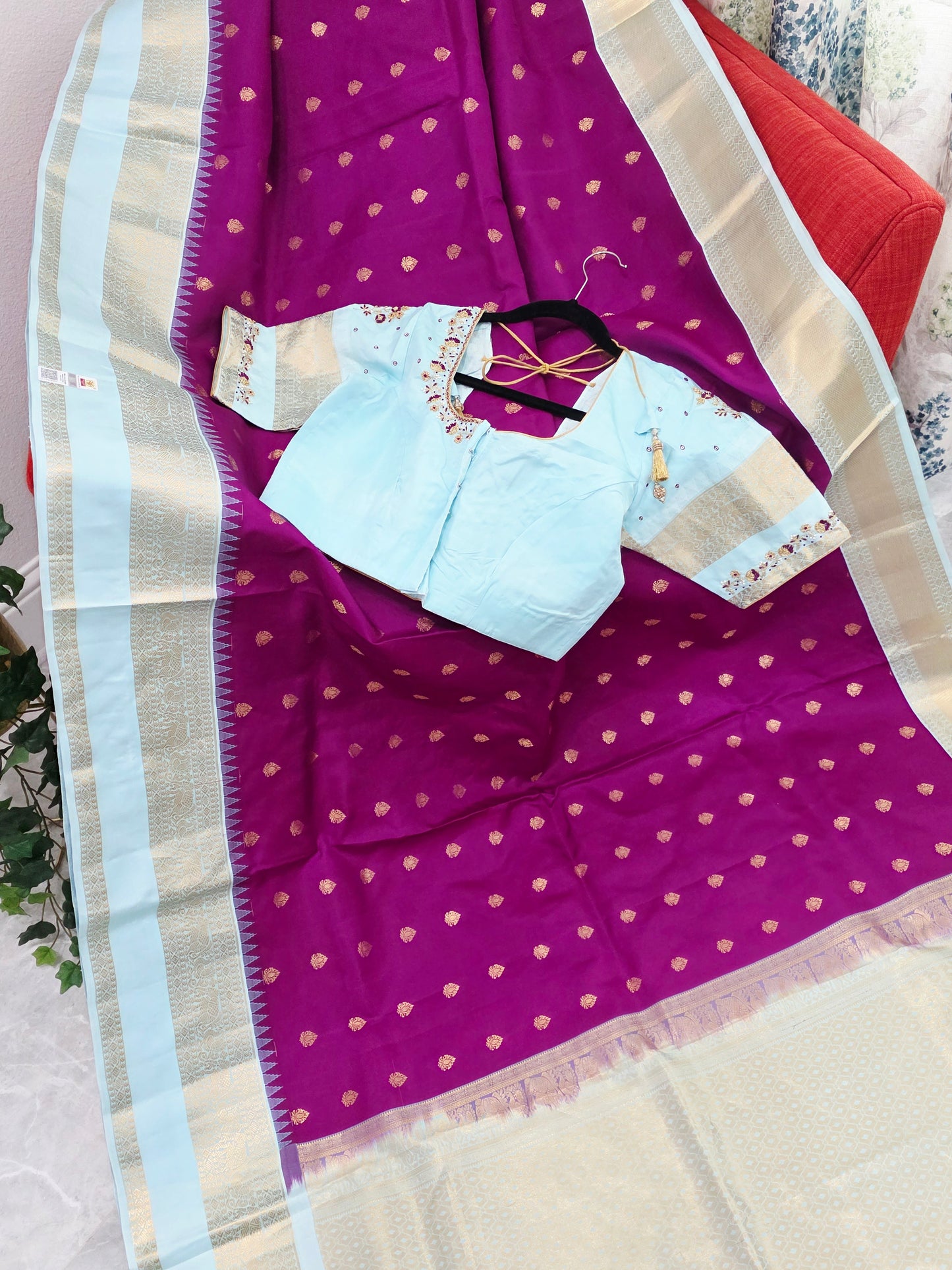 Royal Magenta & Powder Blue Pure Kanchipuram Soft Silk Saree — Gap Border Butta Weave with Stitched Maggam Work Blouse & Gold Tassel Pallu