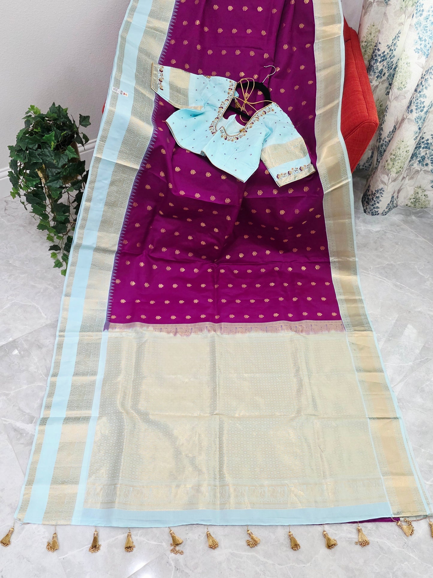 Royal Magenta & Powder Blue Pure Kanchipuram Soft Silk Saree — Gap Border Butta Weave with Stitched Maggam Work Blouse & Gold Tassel Pallu