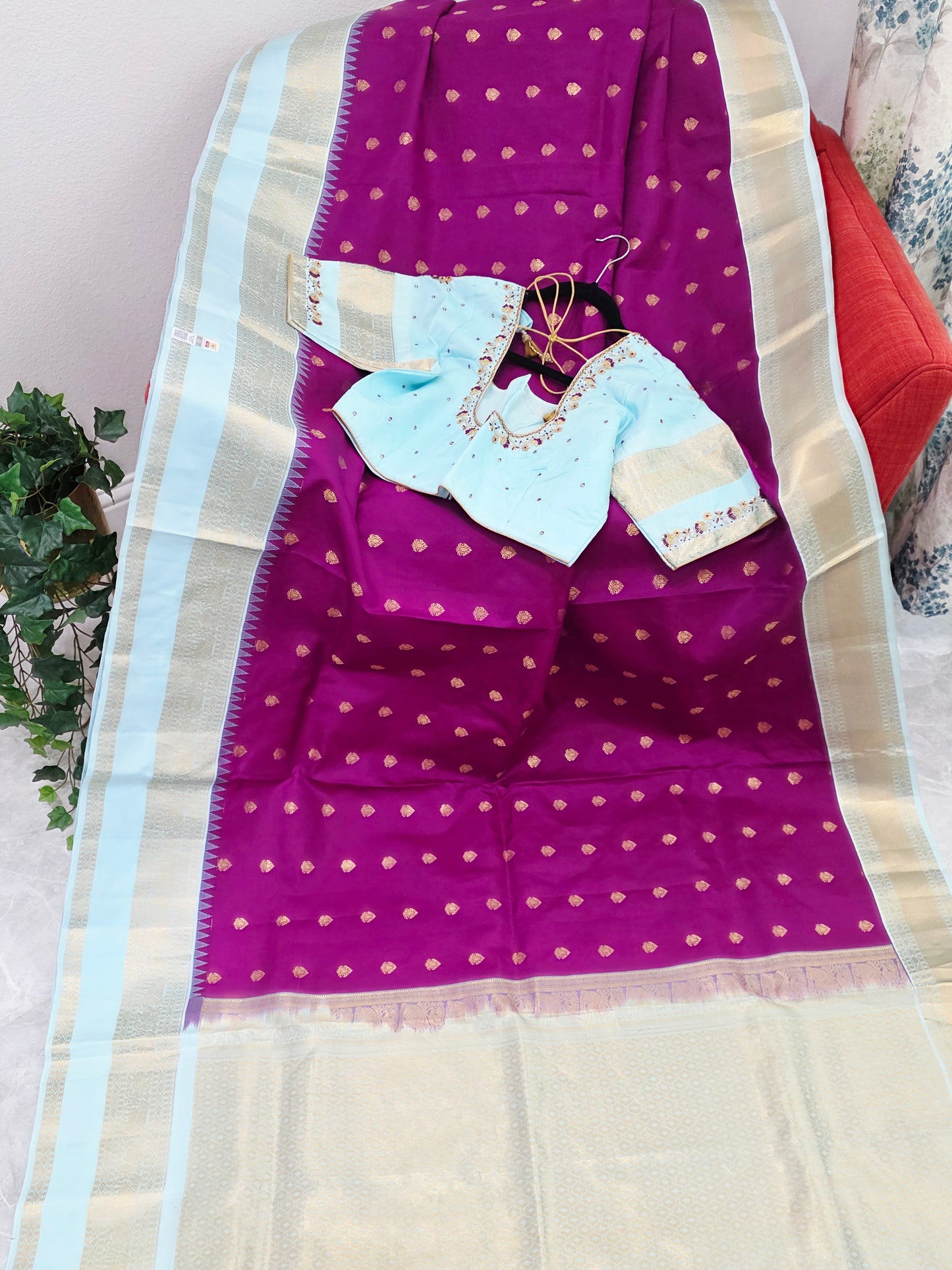 Royal Magenta & Powder Blue Pure Kanchipuram Soft Silk Saree — Gap Border Butta Weave with Stitched Maggam Work Blouse & Gold Tassel Pallu