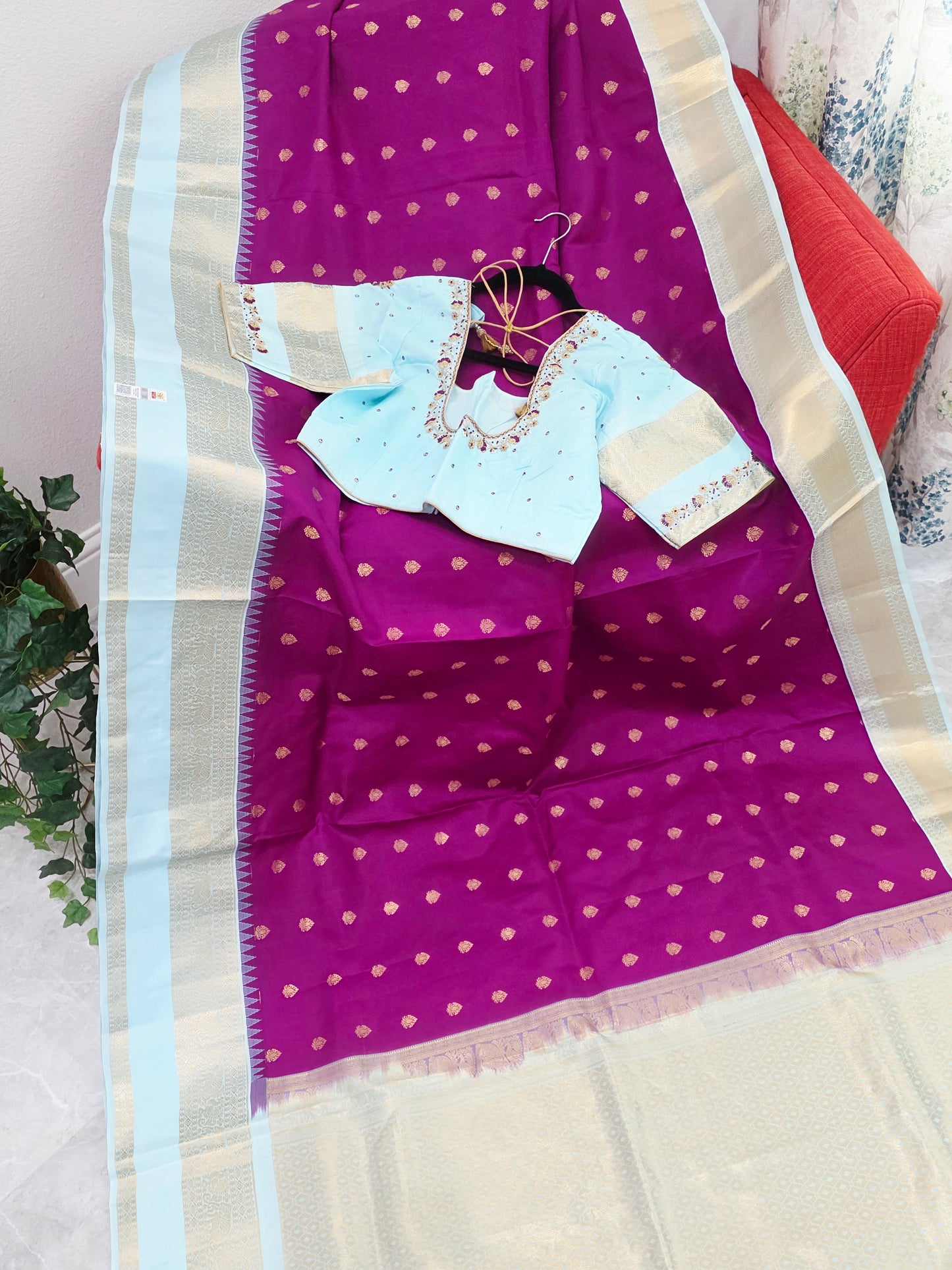 Royal Magenta & Powder Blue Pure Kanchipuram Soft Silk Saree — Gap Border Butta Weave with Stitched Maggam Work Blouse & Gold Tassel Pallu