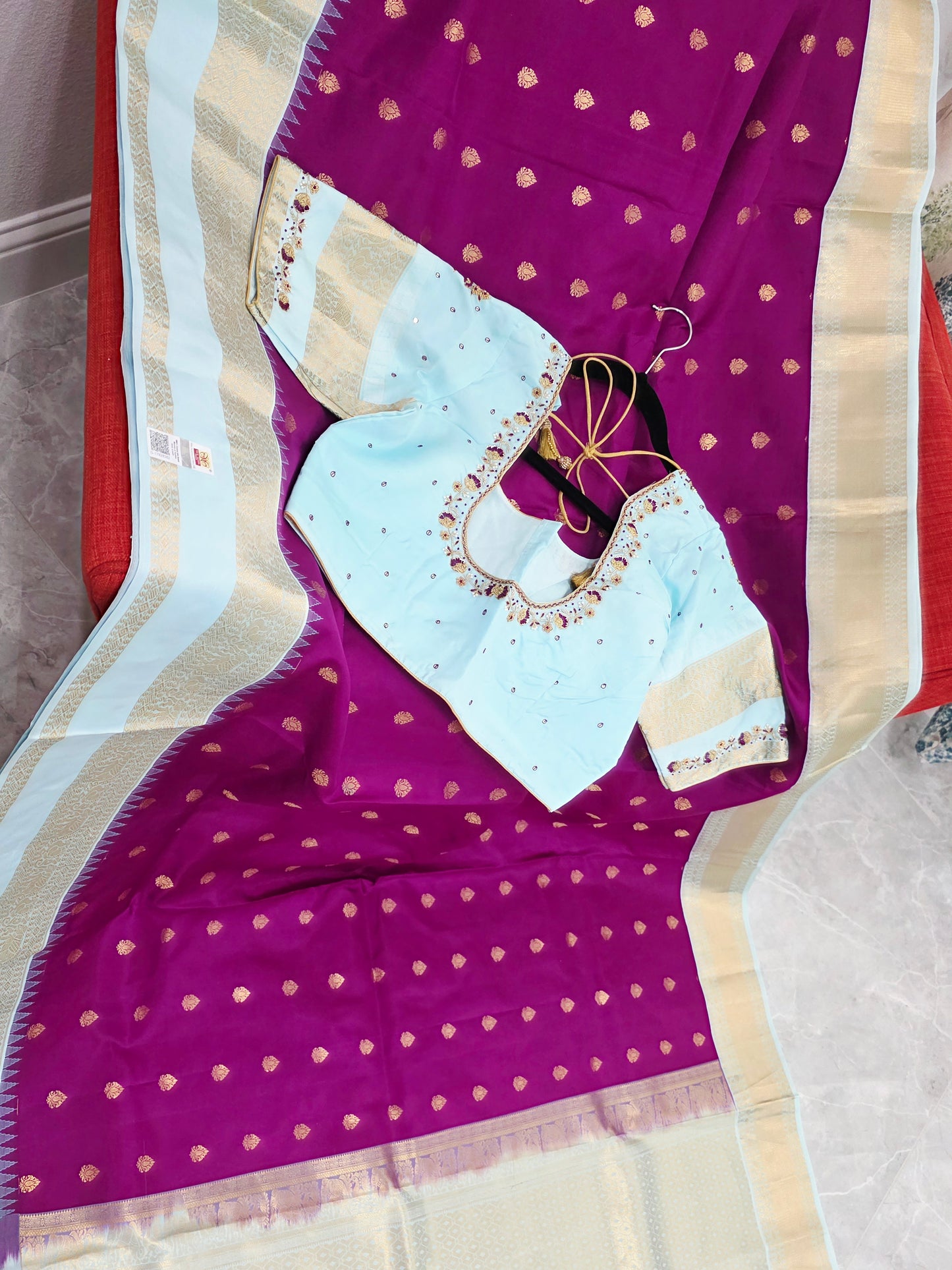 Royal Magenta & Powder Blue Pure Kanchipuram Soft Silk Saree — Gap Border Butta Weave with Stitched Maggam Work Blouse & Gold Tassel Pallu