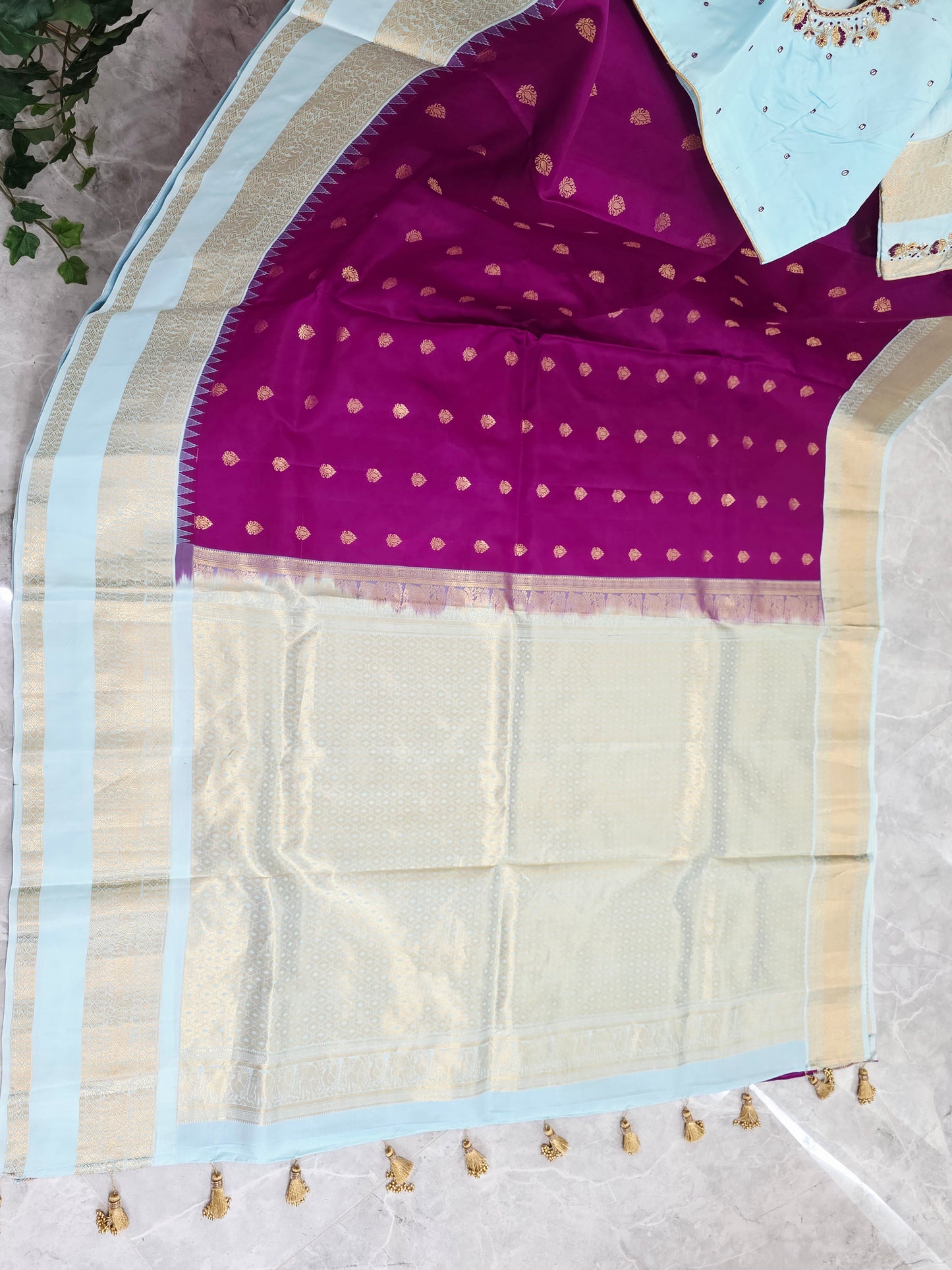 Royal Magenta & Powder Blue Pure Kanchipuram Soft Silk Saree — Gap Border Butta Weave with Stitched Maggam Work Blouse & Gold Tassel Pallu