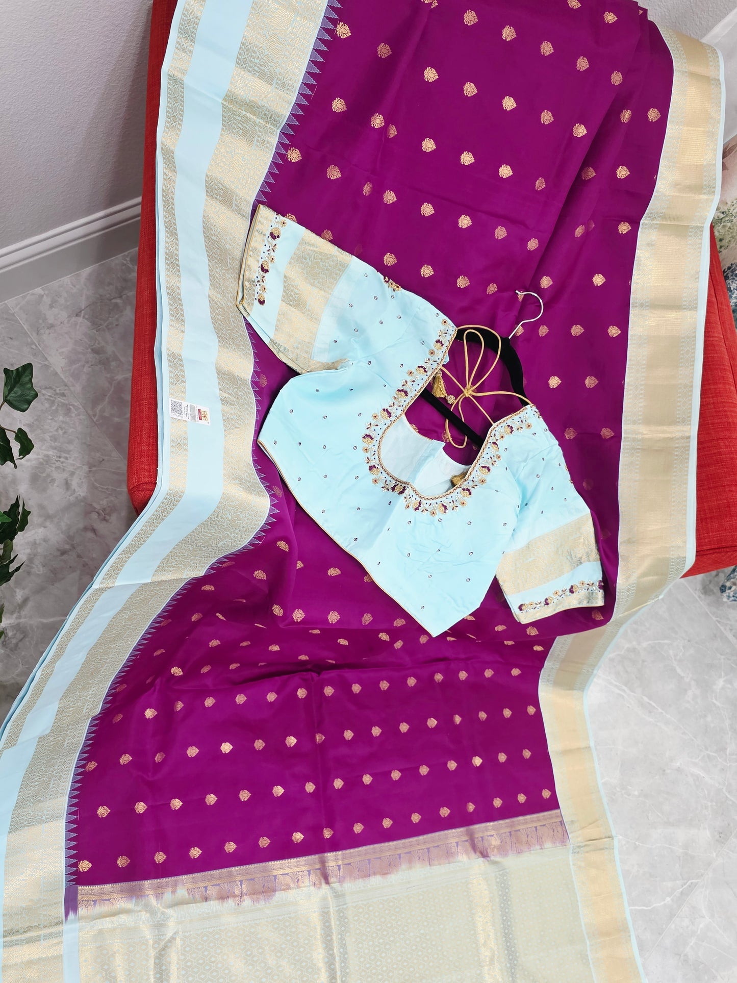 Royal Magenta & Powder Blue Pure Kanchipuram Soft Silk Saree — Gap Border Butta Weave with Stitched Maggam Work Blouse & Gold Tassel Pallu